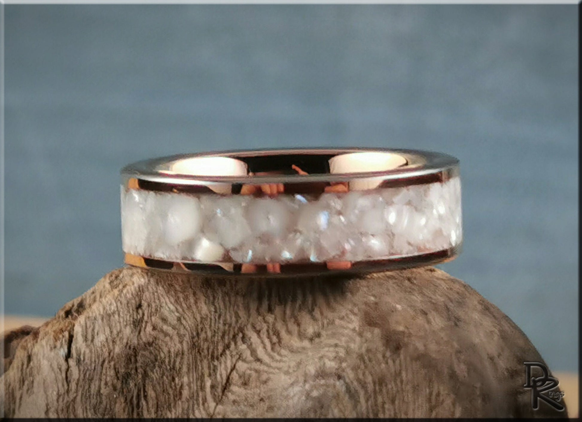 Rose Gold Plated Tungsten Carbide Channel Ring w/Freshwater Pearl inlay - metal ring