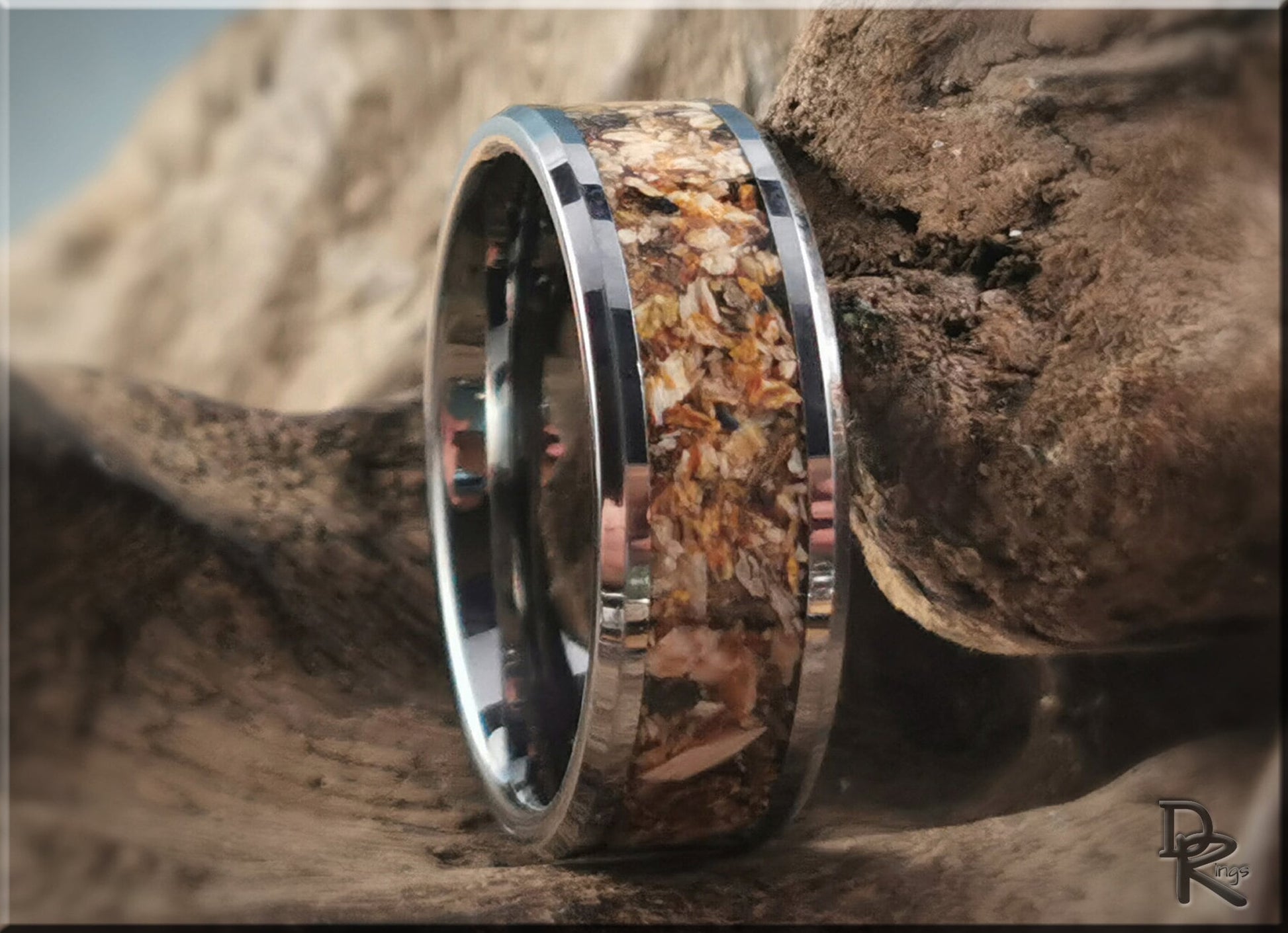 Tungsten Carbide Channel Ring w/Fossilised Megalodon Shark Tooth inlay - metal ring