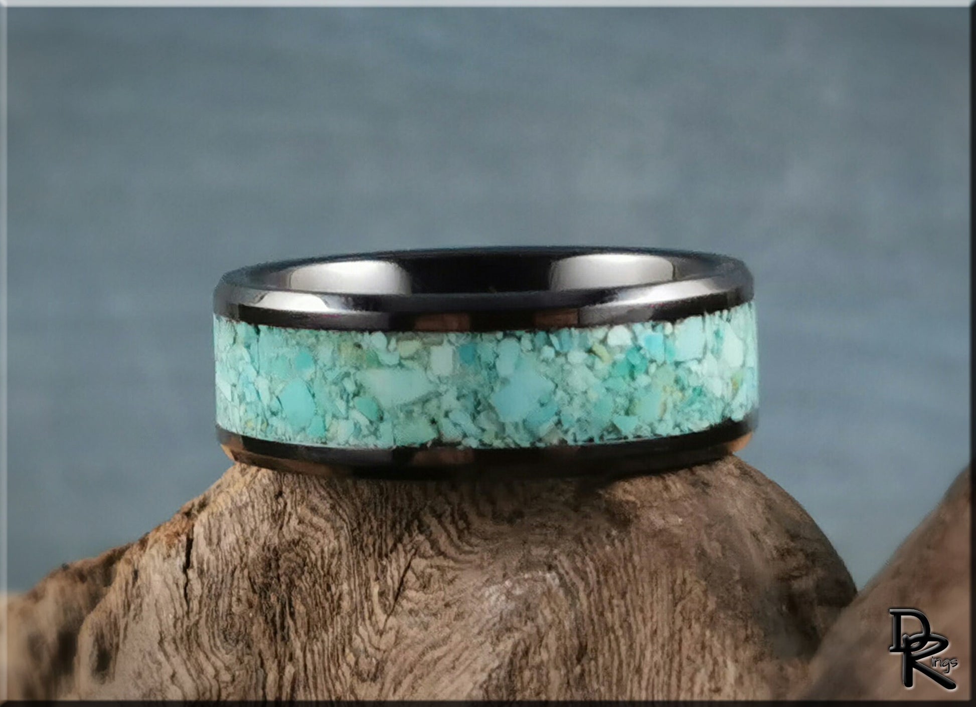 Polished Black Ceramic Channel Ring w/Fox Mine Turquoise inlay - ceramic ring
