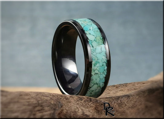 Polished Black Ceramic Channel Ring w/Fox Mine Turquoise inlay - ceramic ring