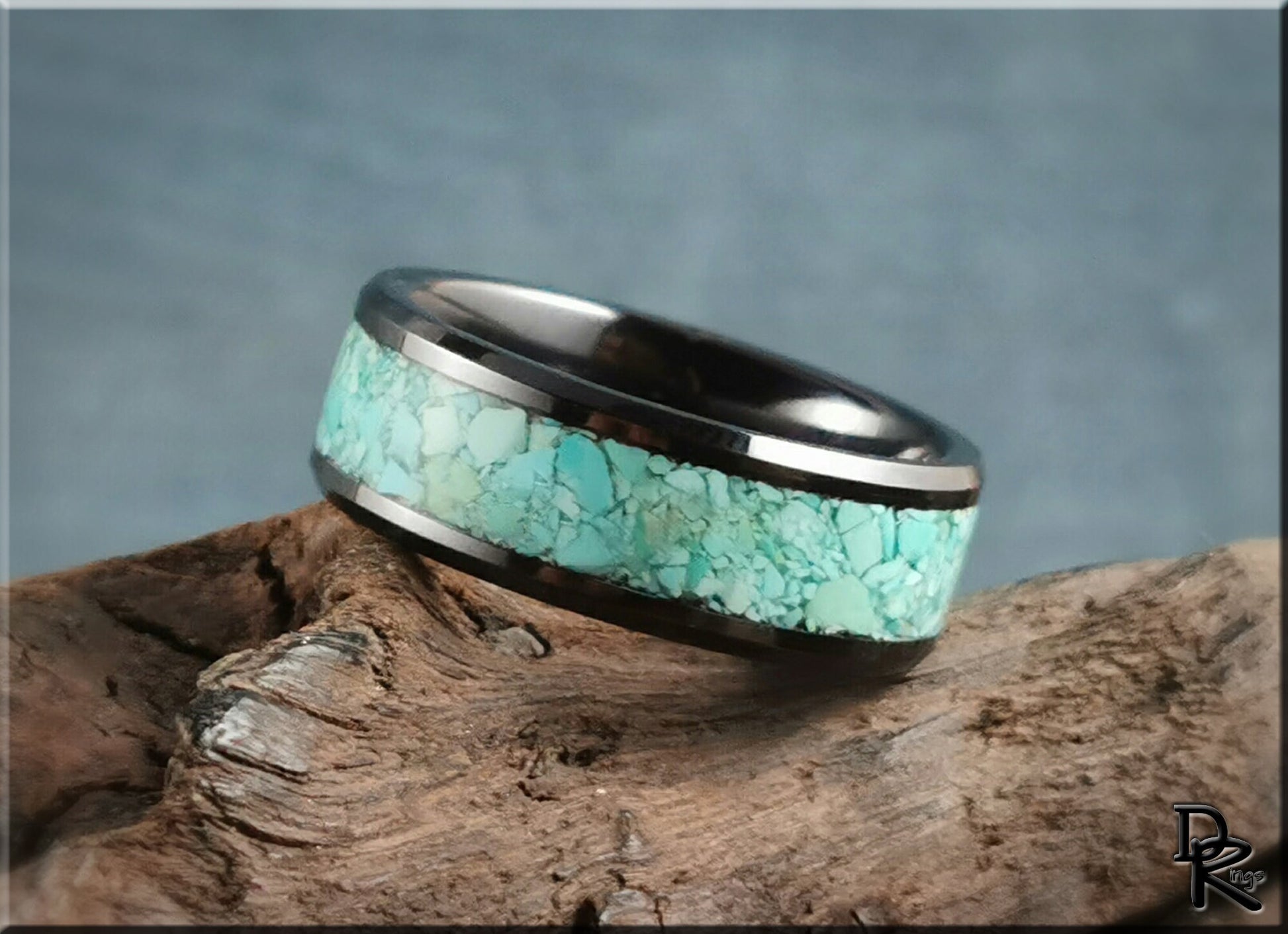 Polished Black Ceramic Channel Ring w/Fox Mine Turquoise inlay - ceramic ring