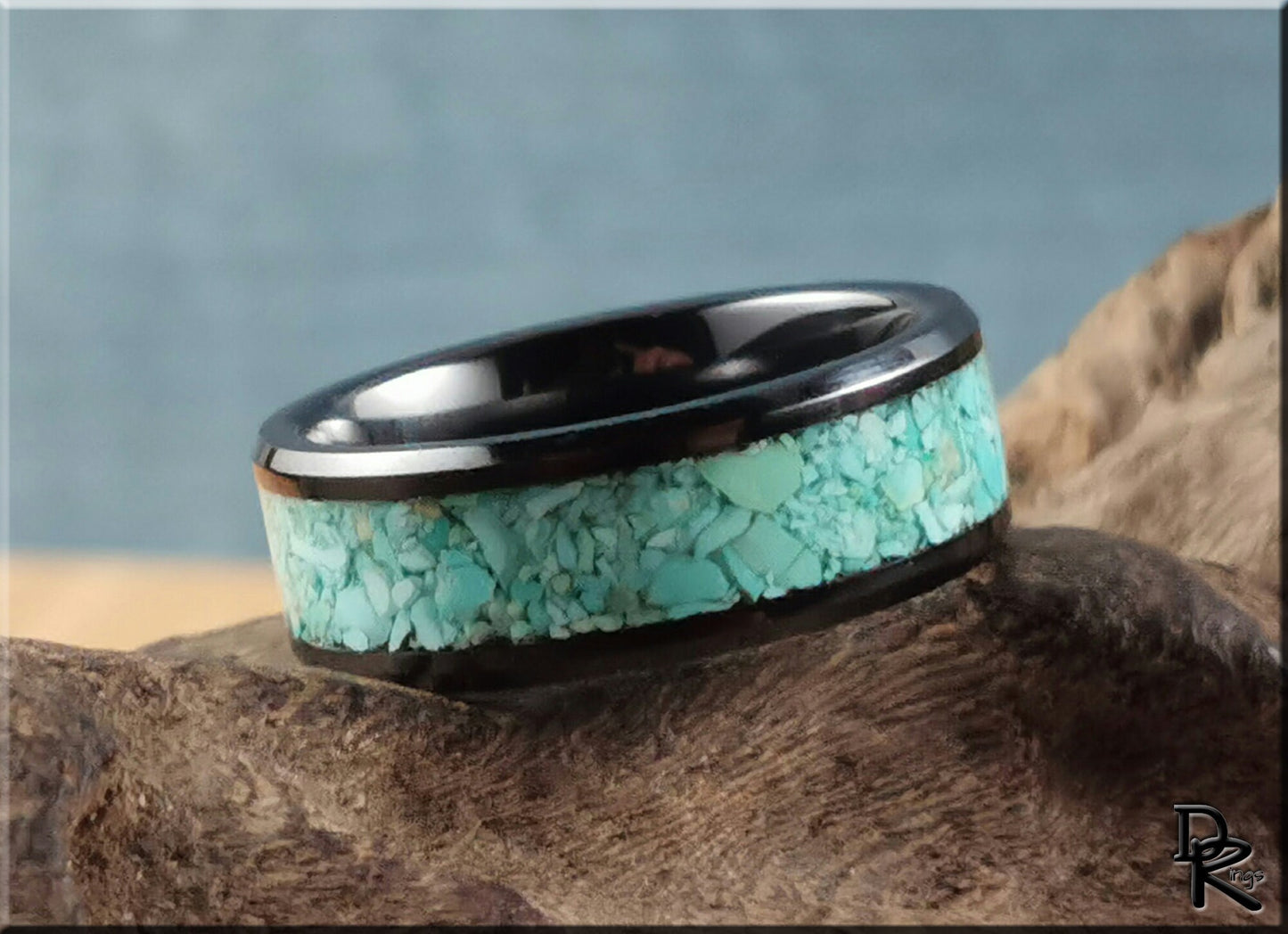 Polished Black Ceramic Channel Ring w/Fox Mine Turquoise inlay - ceramic ring