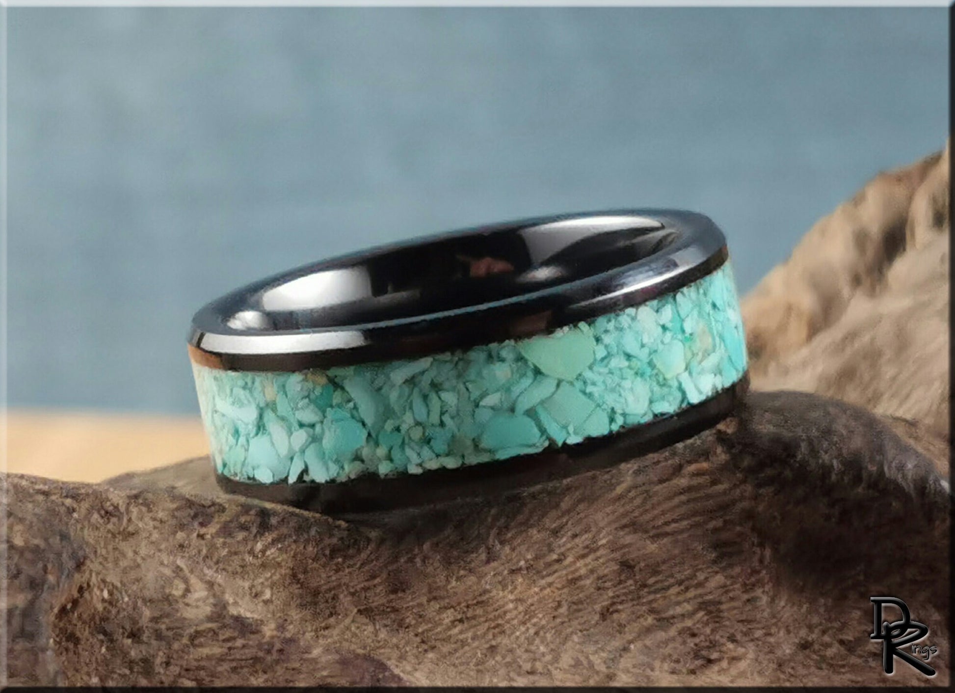 Polished Black Ceramic Channel Ring w/Fox Mine Turquoise inlay - ceramic ring