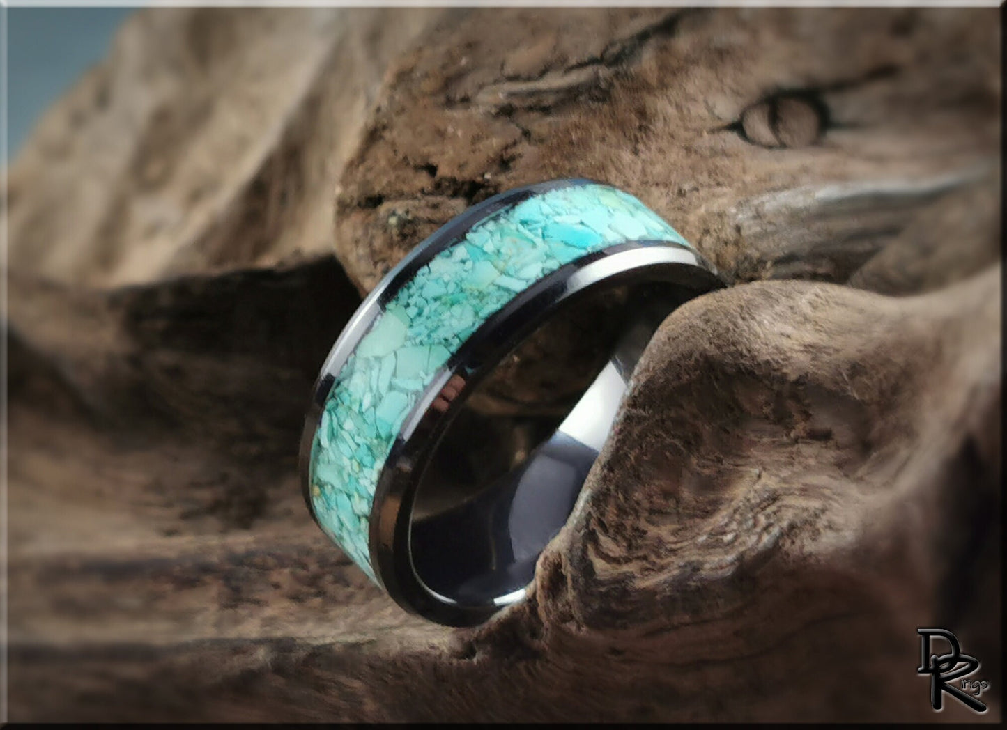 Polished Black Ceramic Channel Ring w/Fox Mine Turquoise inlay - ceramic ring