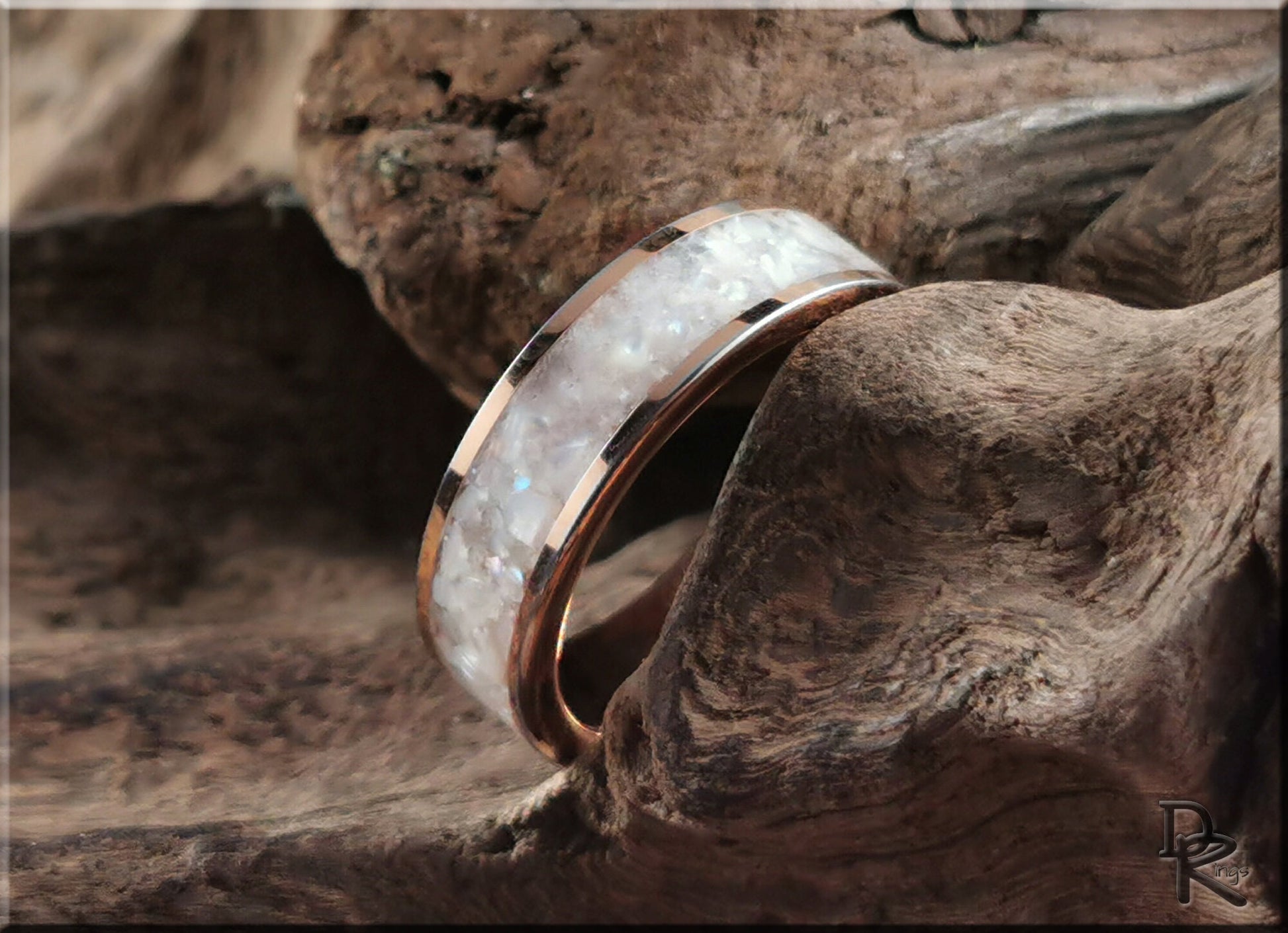 Rose Gold Plated Tungsten Carbide Channel Ring w/Freshwater Pearl inlay - metal ring