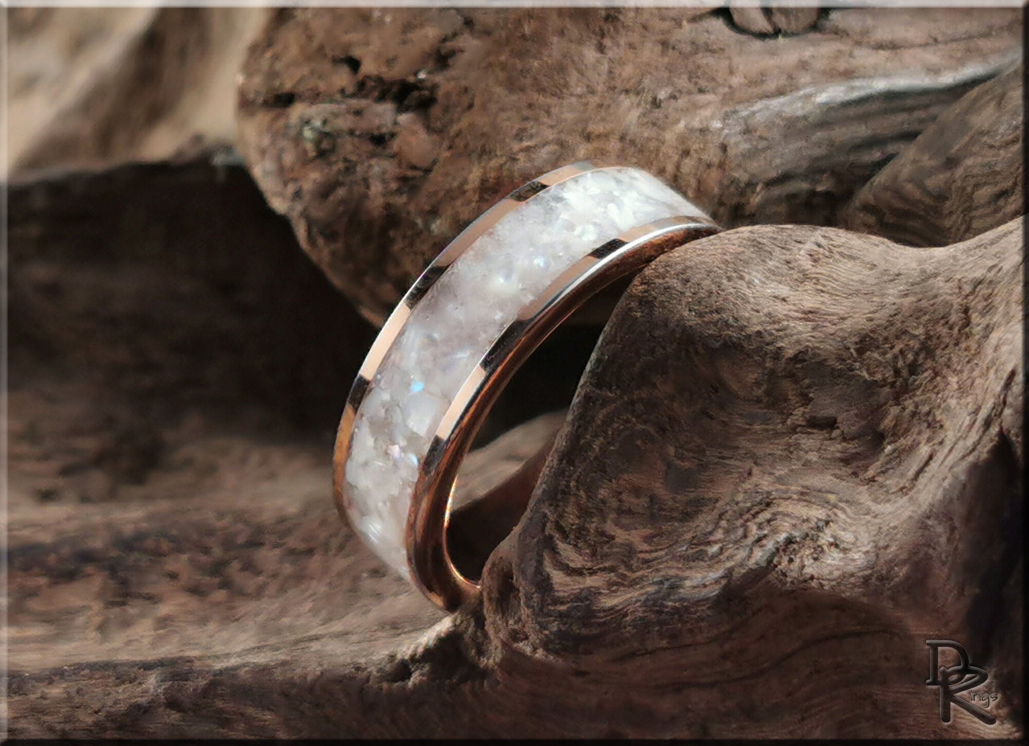 Rose Gold Plated Tungsten Carbide Channel Ring w/Freshwater Pearl inlay - metal ring