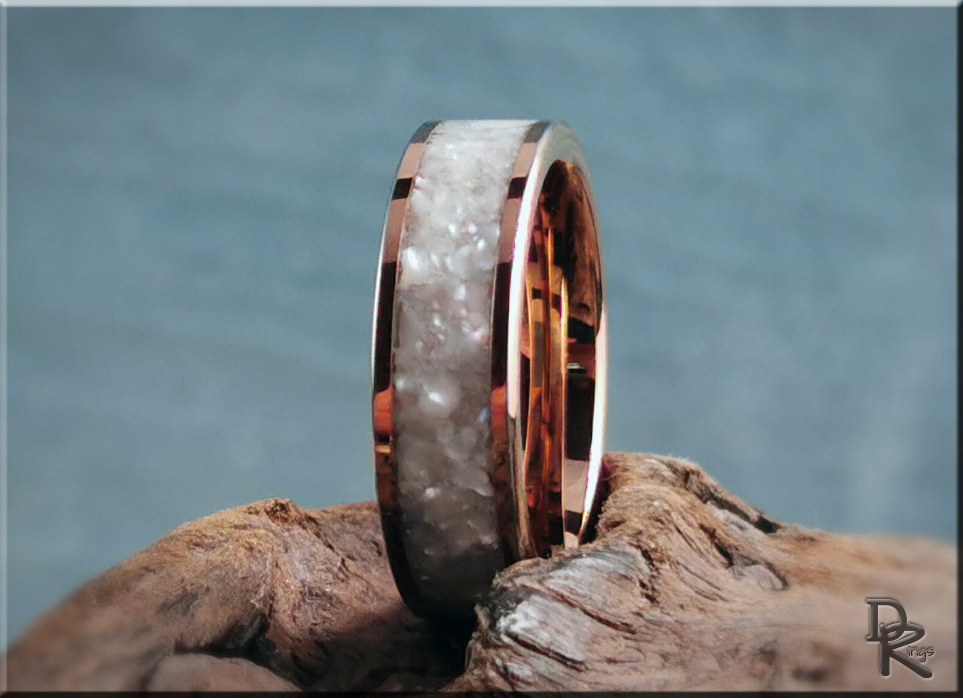 Rose Gold Plated Tungsten Carbide Channel Ring w/Freshwater Pearl inlay - metal ring