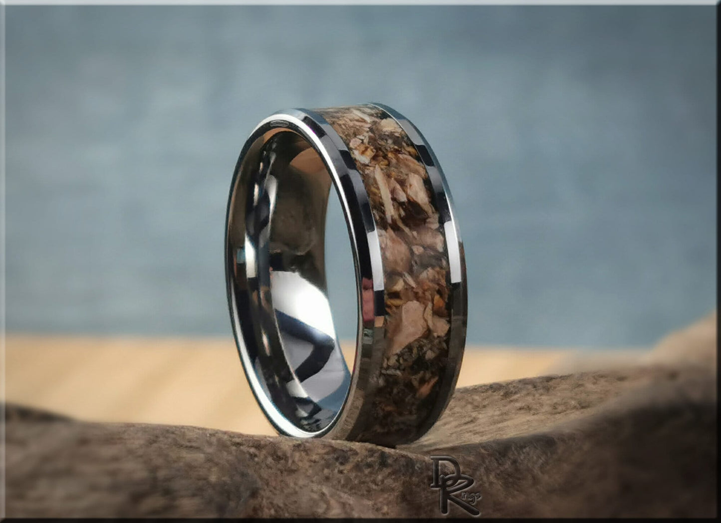 Tungsten Carbide Channel Ring w/Fossilised Megalodon Shark Tooth inlay - metal ring
