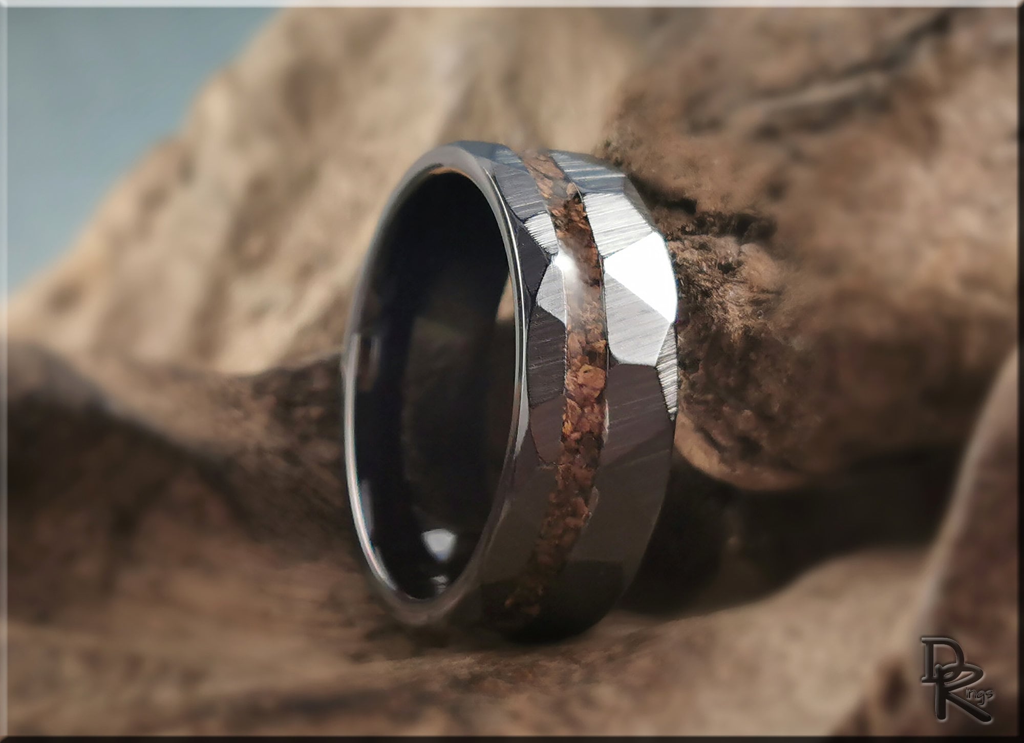 Hammered Black Ceramic Ring w/offset Dino Bone inlay - 8mm ceramic ring