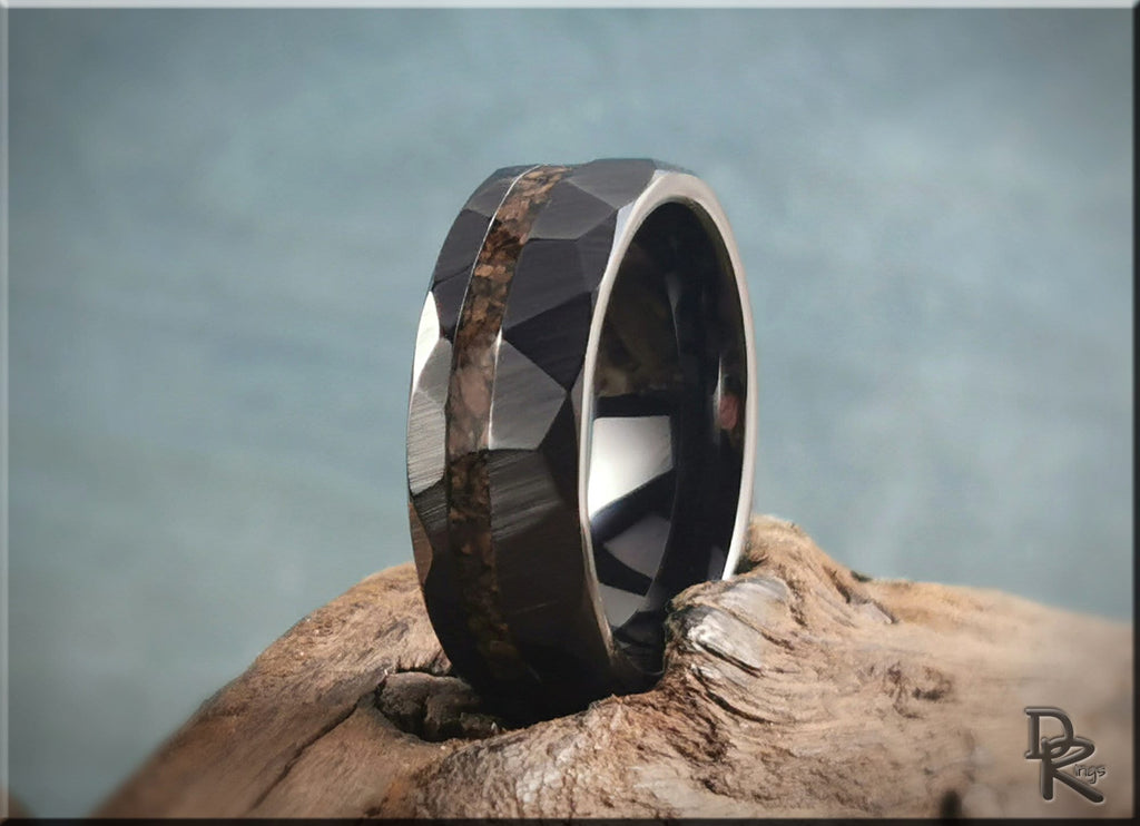 Hammered Black Ceramic Ring w/offset Dino Bone inlay - 8mm ceramic ring