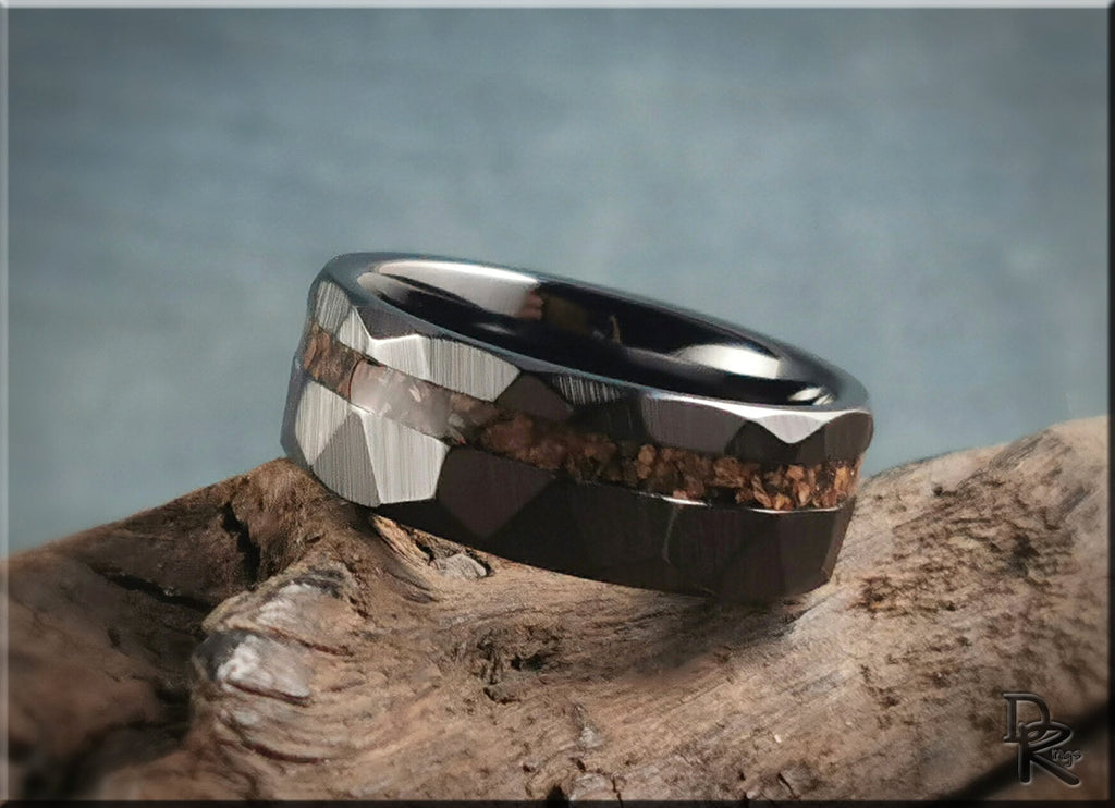 Hammered Black Ceramic Ring w/offset Dino Bone inlay - 8mm ceramic ring