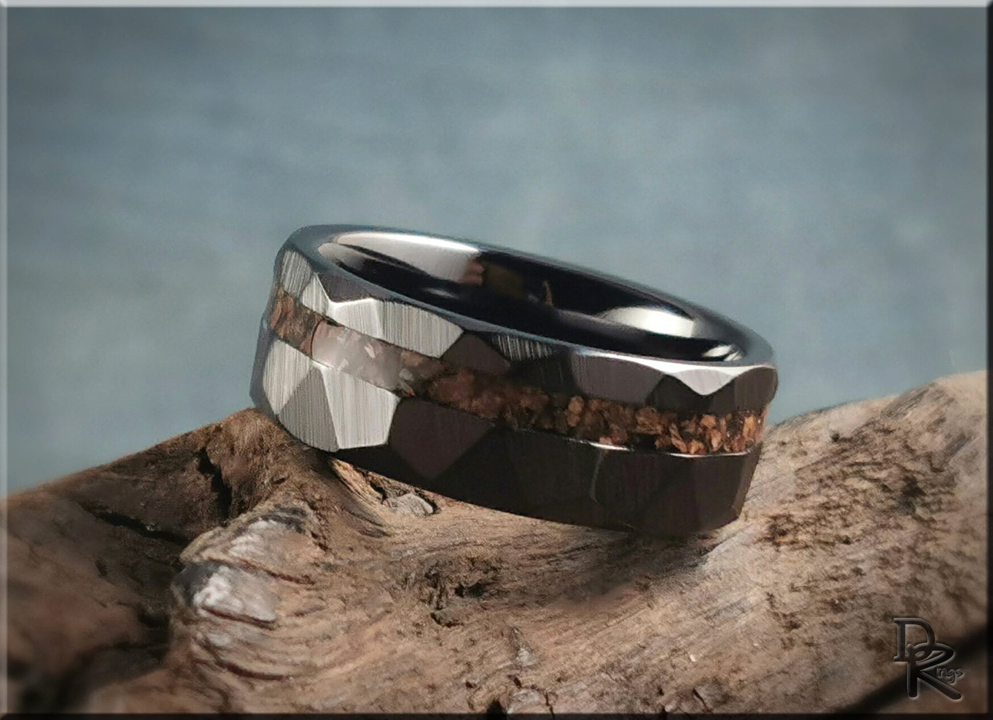 Hammered Black Ceramic Ring w/offset Dino Bone inlay - 8mm ceramic ring