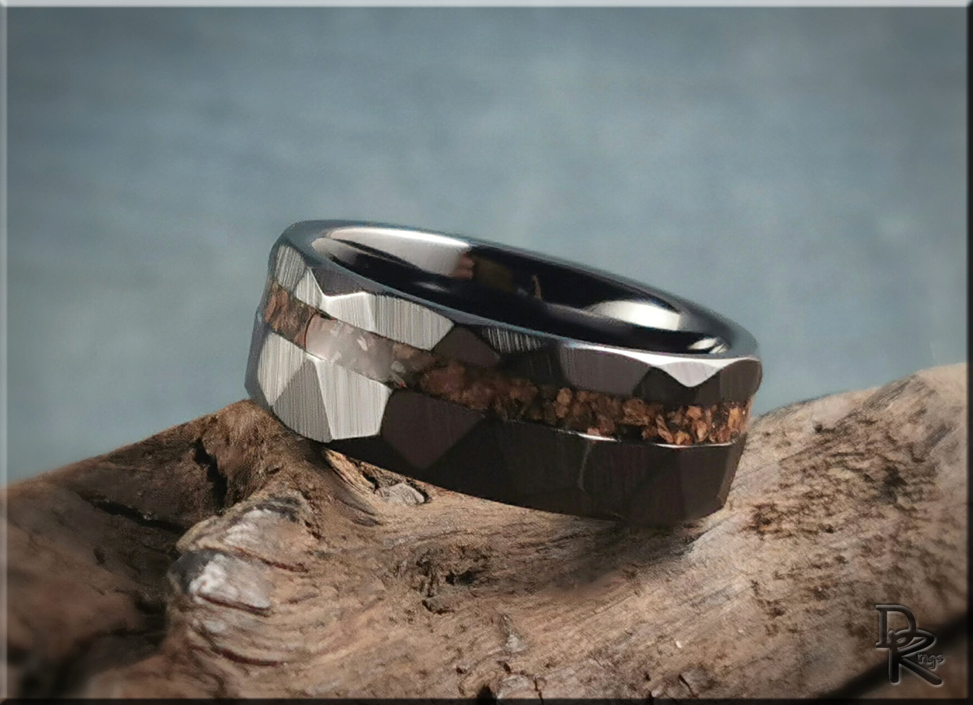 Hammered Black Ceramic Ring w/offset Dino Bone inlay - 8mm ceramic ring