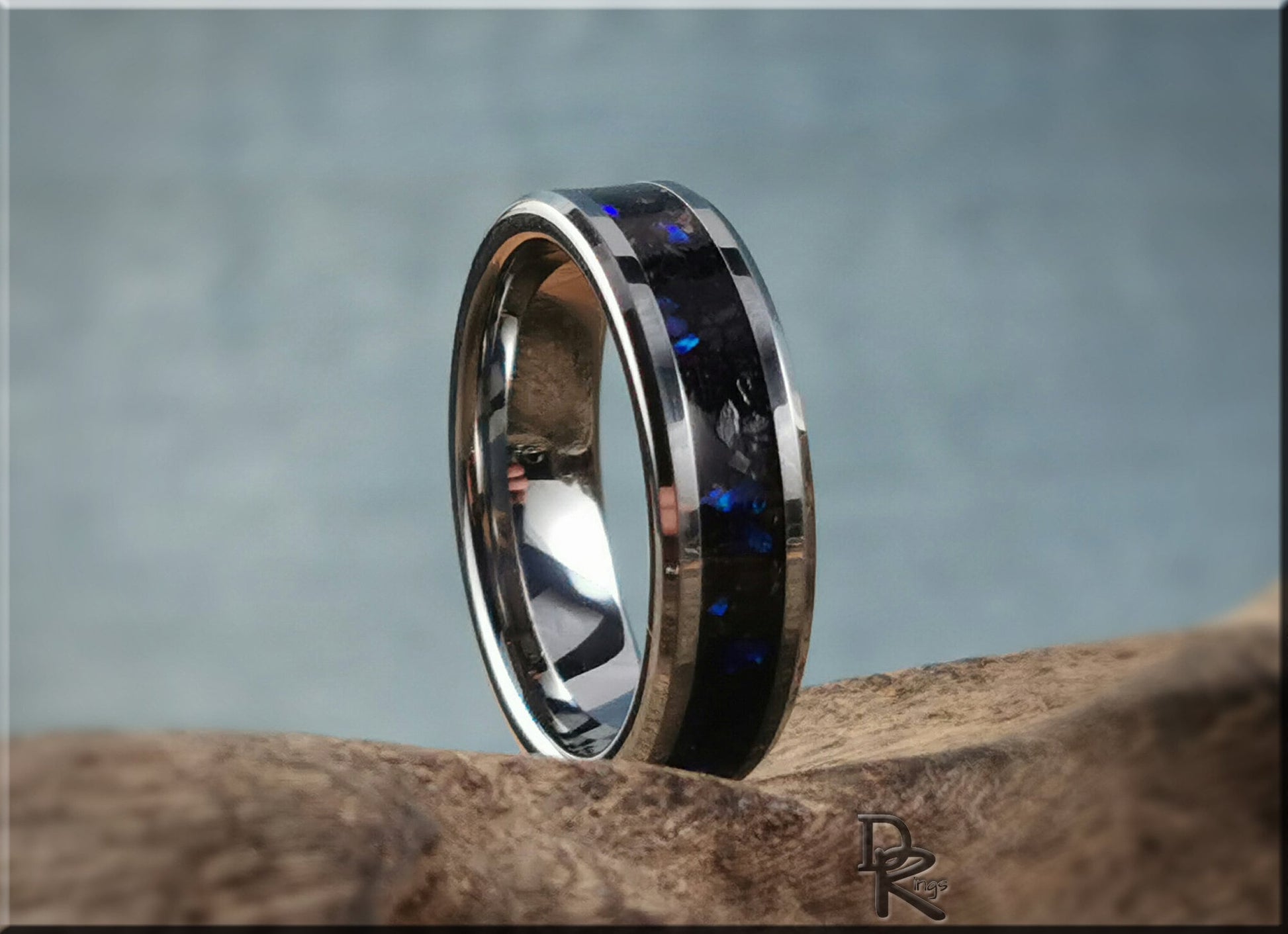 Tungsten Carbide Channel Ring w/Purpurite and Opal inlay - metal ring