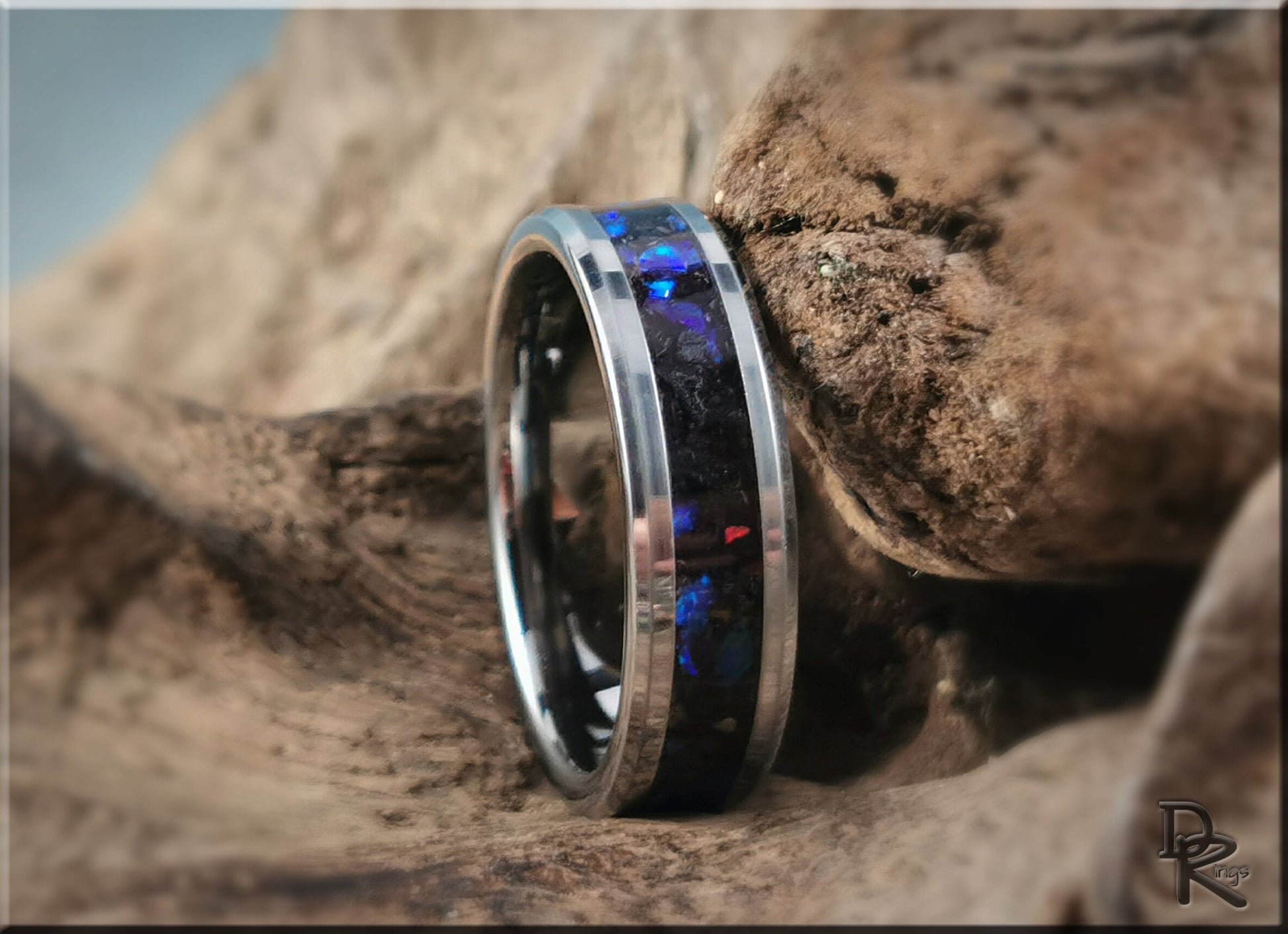 Tungsten Carbide Channel Ring w/Purpurite and Opal inlay - metal ring