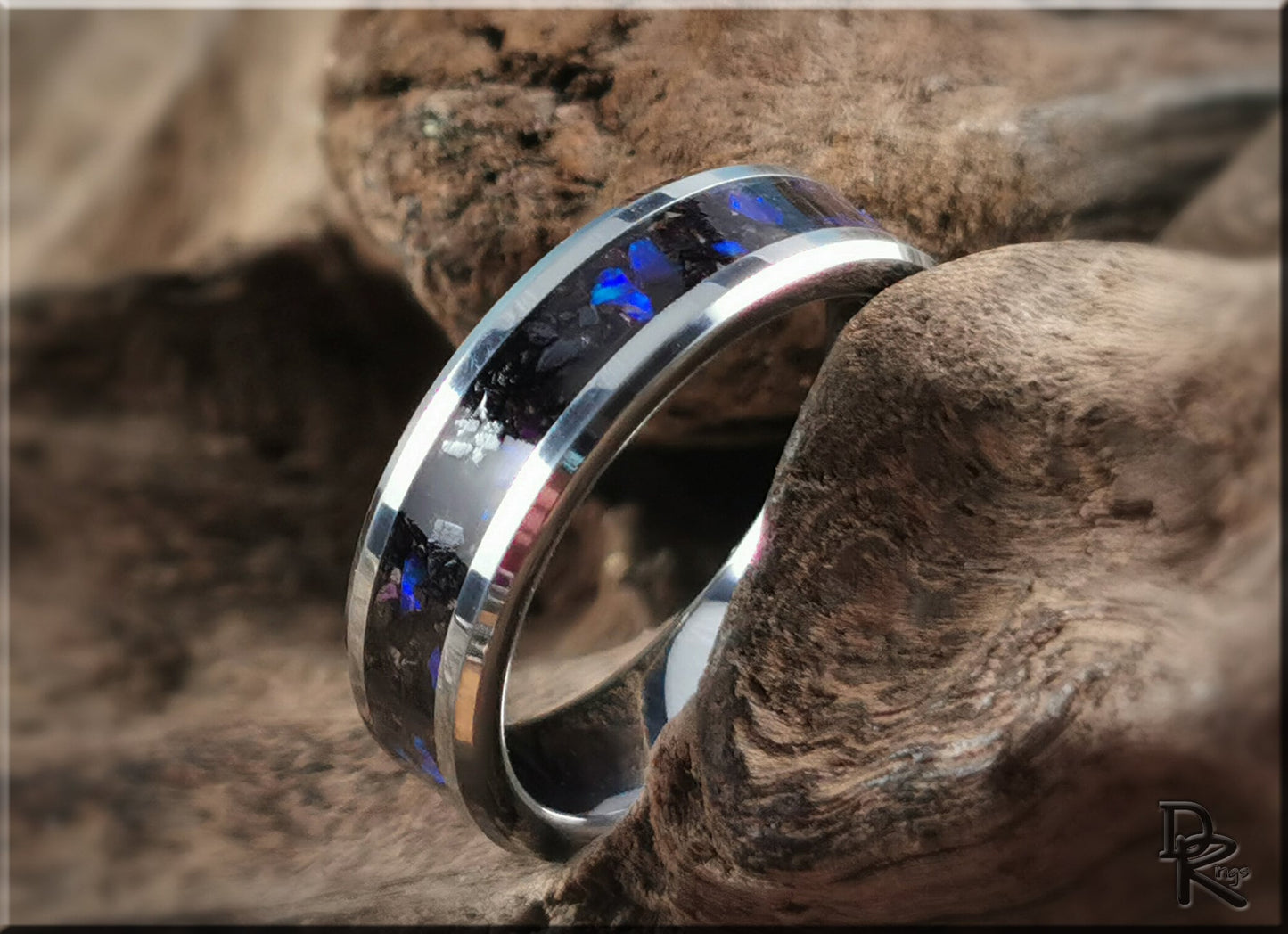 Tungsten Carbide Channel Ring w/Purpurite and Opal inlay - metal ring