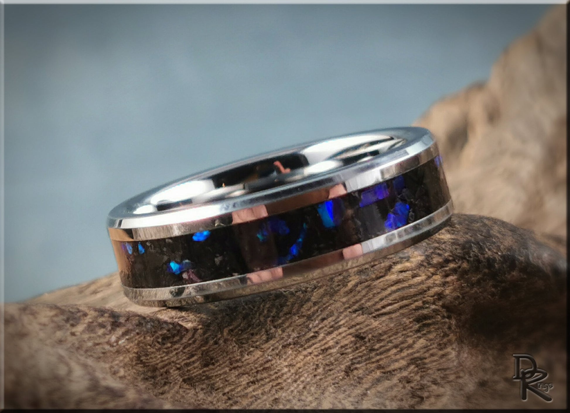Tungsten Carbide Channel Ring w/Purpurite and Opal inlay - metal ring
