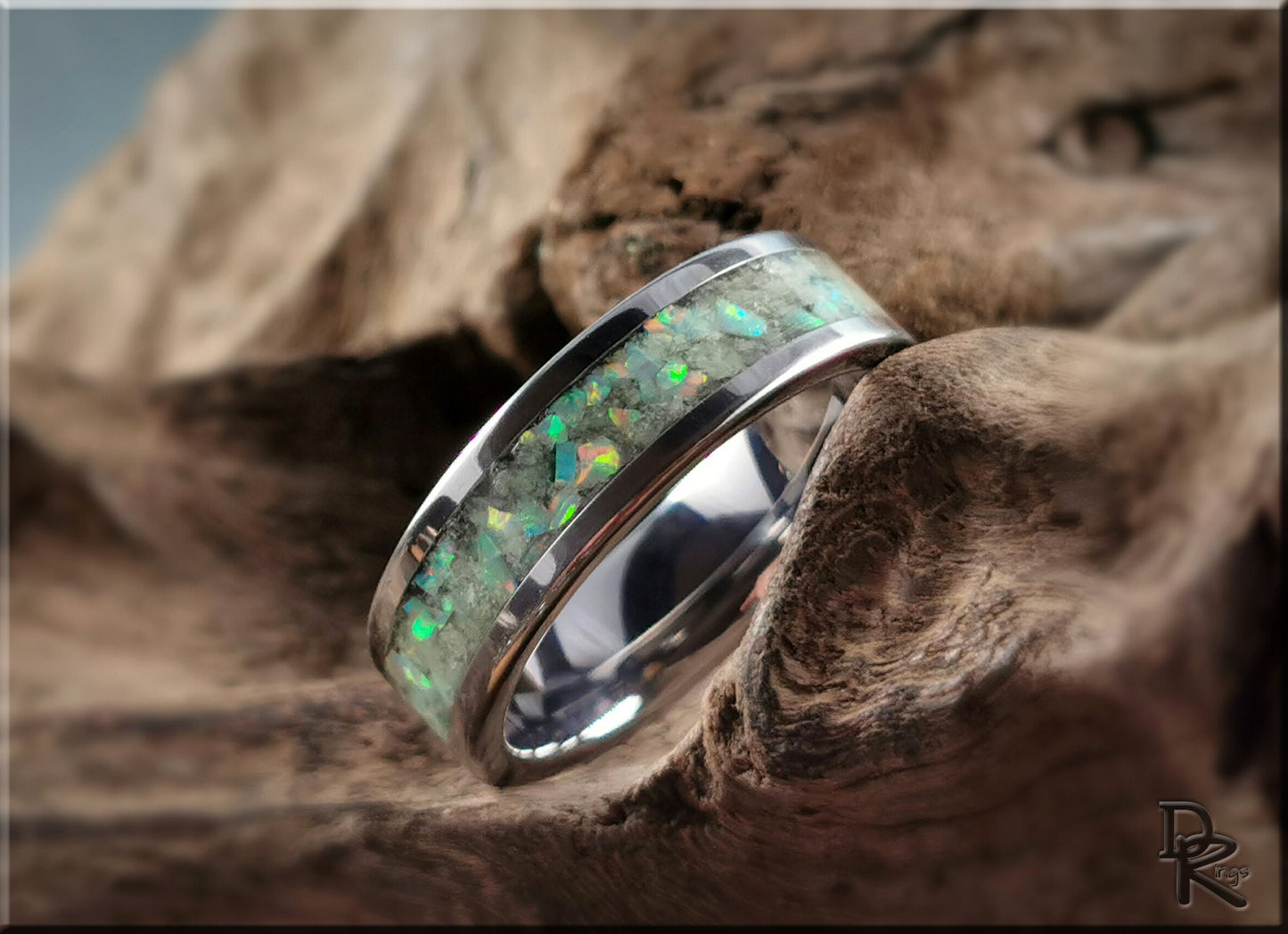 Tungsten Carbide Channel Ring w/Opal and Glow inlay - metal ring