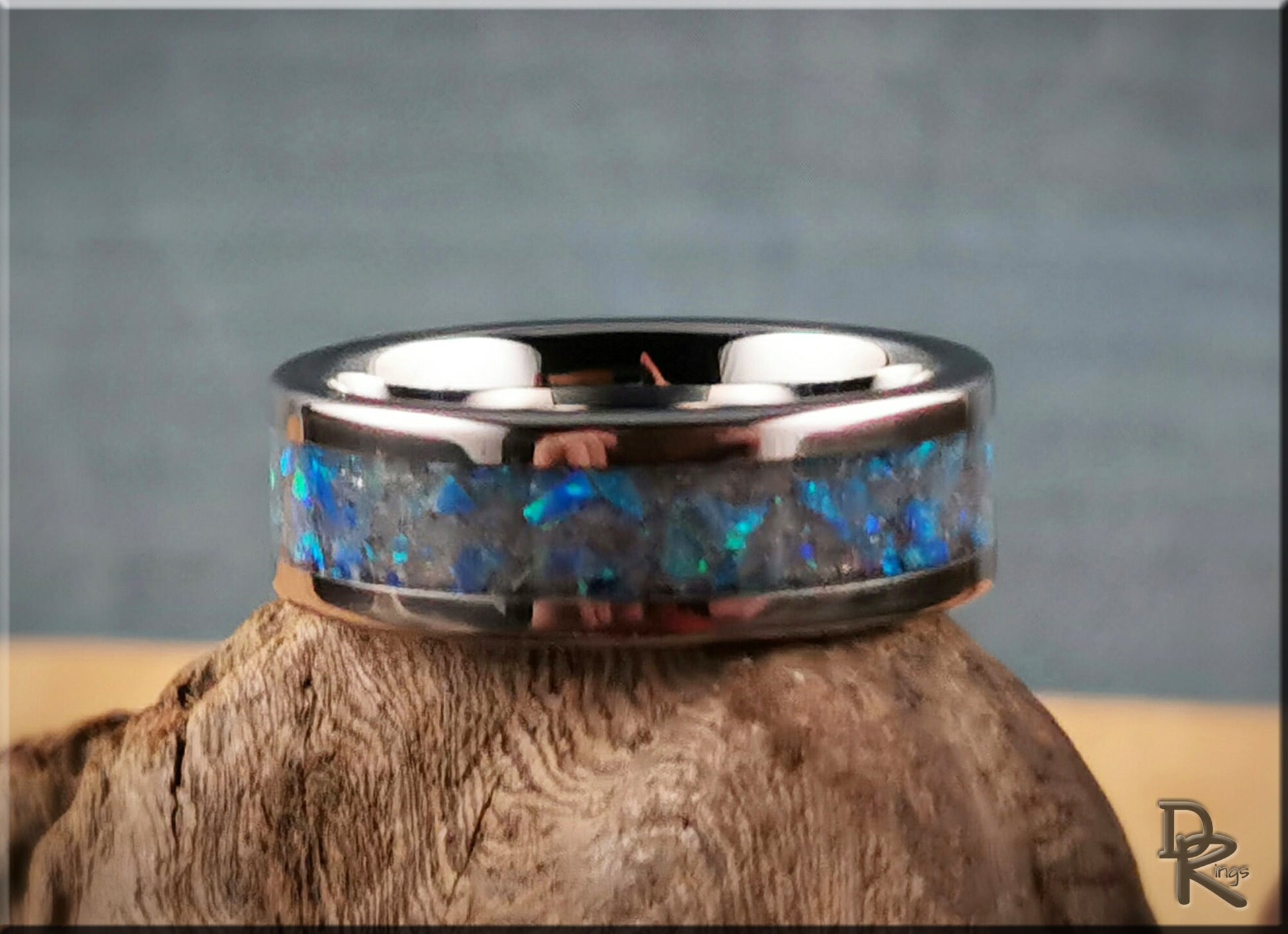 Tungsten Carbide Channel Ring w/Opal and Glow inlay - metal ring