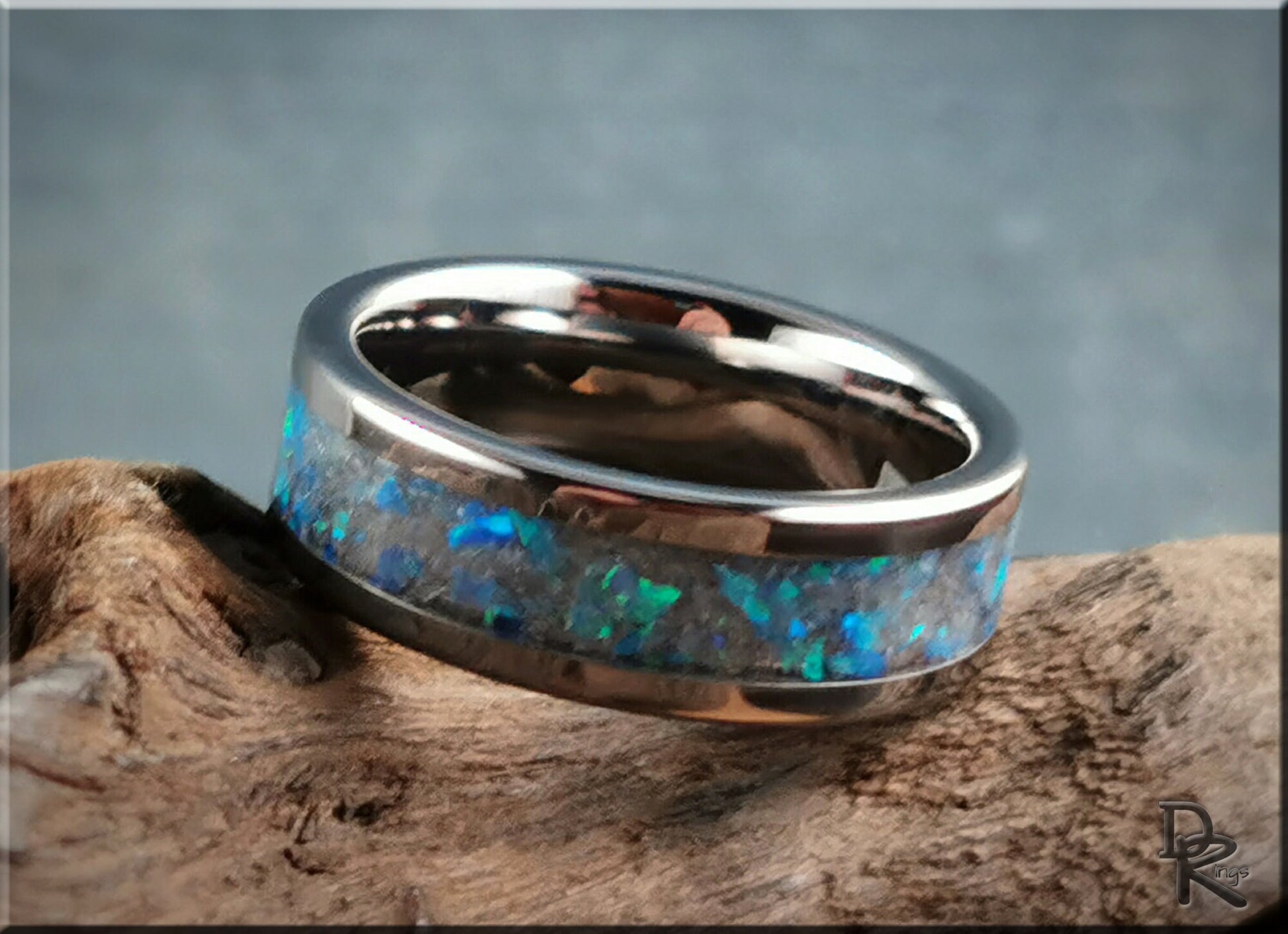 Tungsten Carbide Channel Ring w/Opal and Glow inlay - metal ring