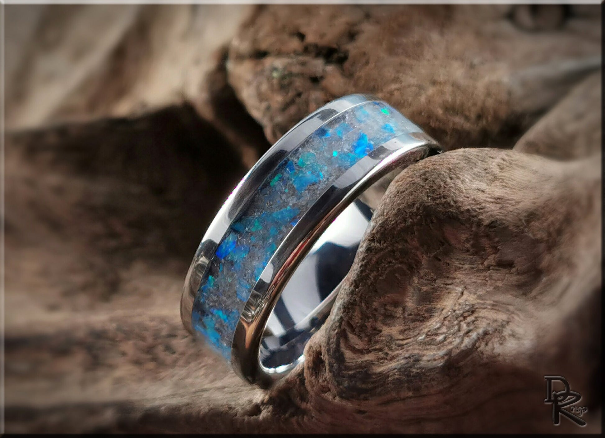 Tungsten Carbide Channel Ring w/Opal and Glow inlay - metal ring