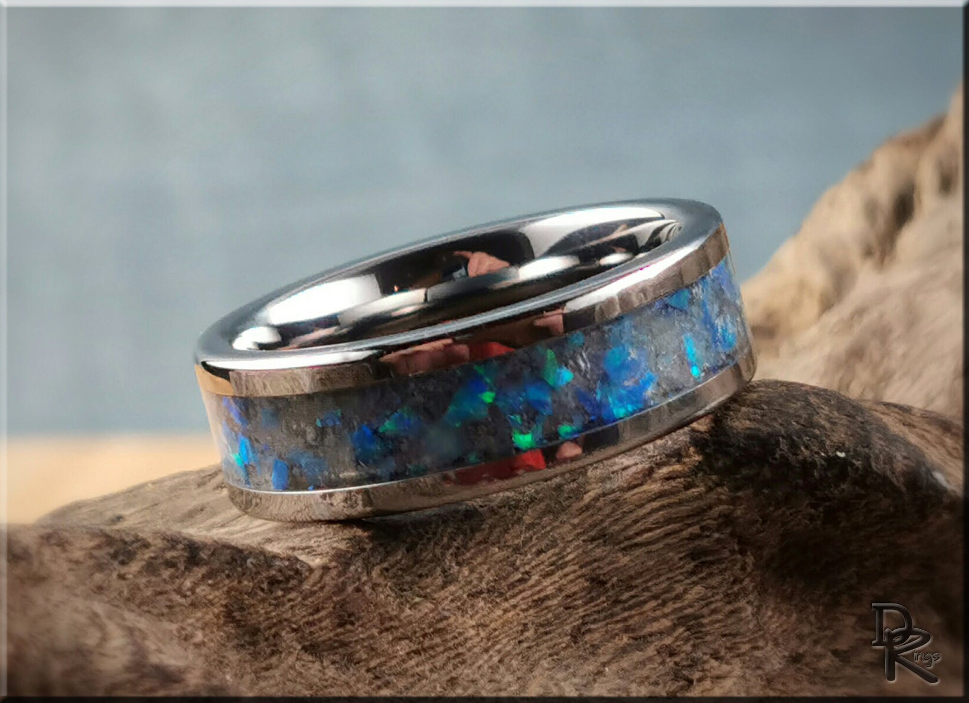 Tungsten Carbide Channel Ring w/Opal and Glow inlay - metal ring