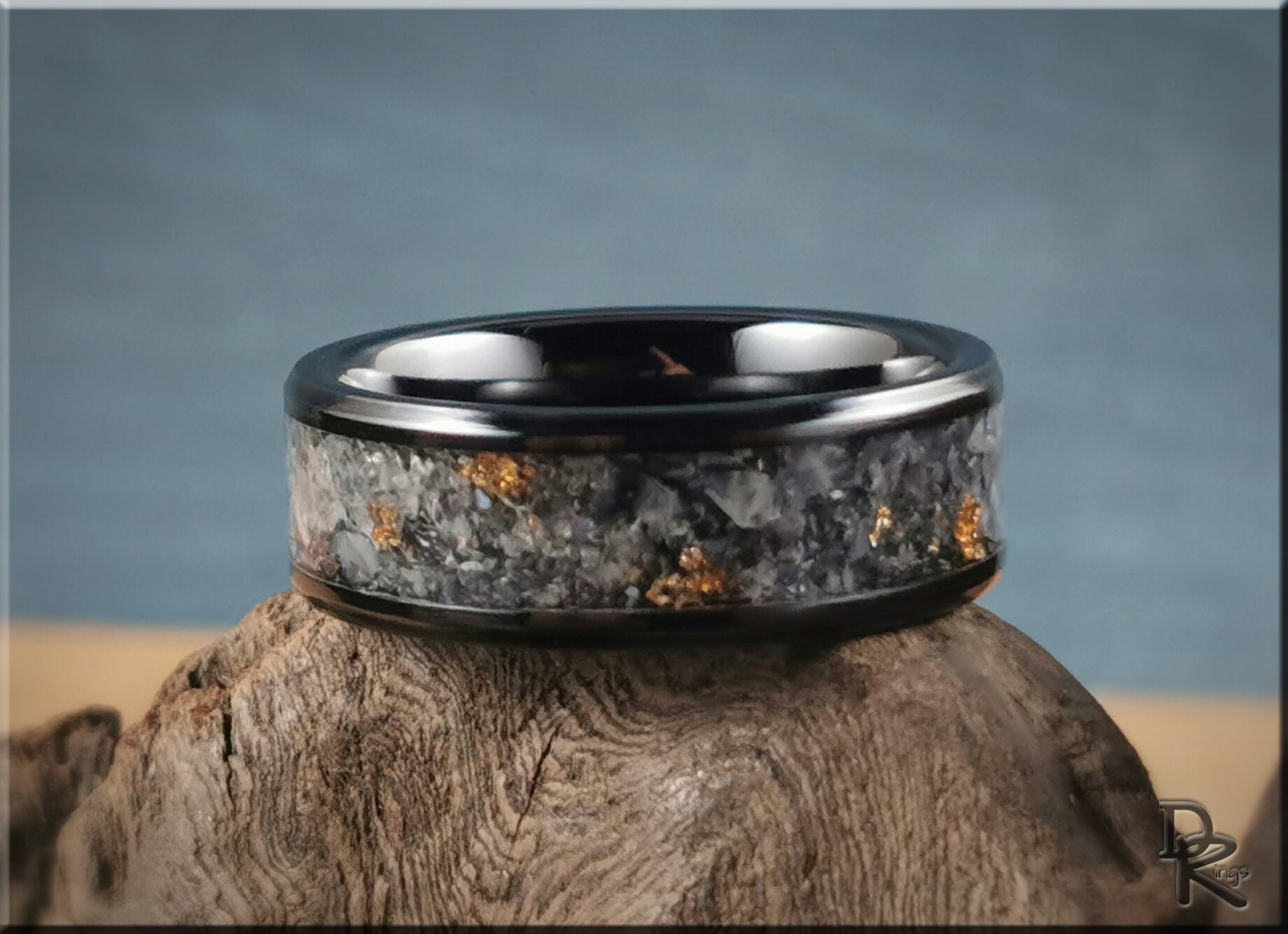 Polished Black Ceramic Channel Ring w/Moonstone and Antique Gold foil inlay - ceramic ring