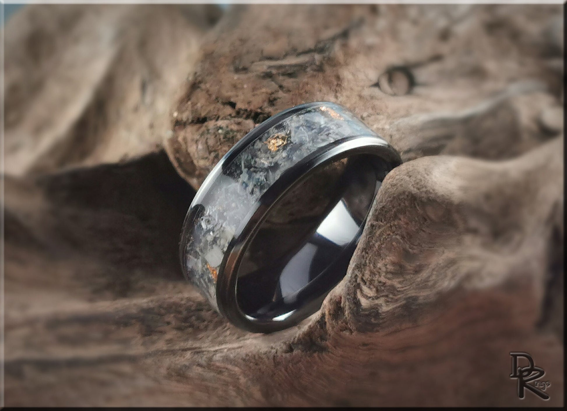 Polished Black Ceramic Channel Ring w/Moonstone and Antique Gold foil inlay - ceramic ring