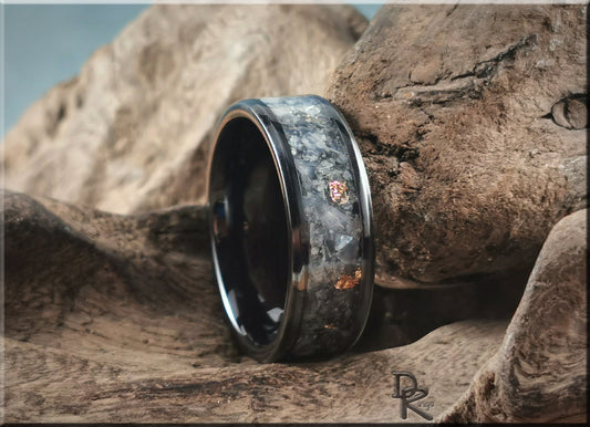 Polished Black Ceramic Channel Ring w/Moonstone and Antique Gold foil inlay - ceramic ring
