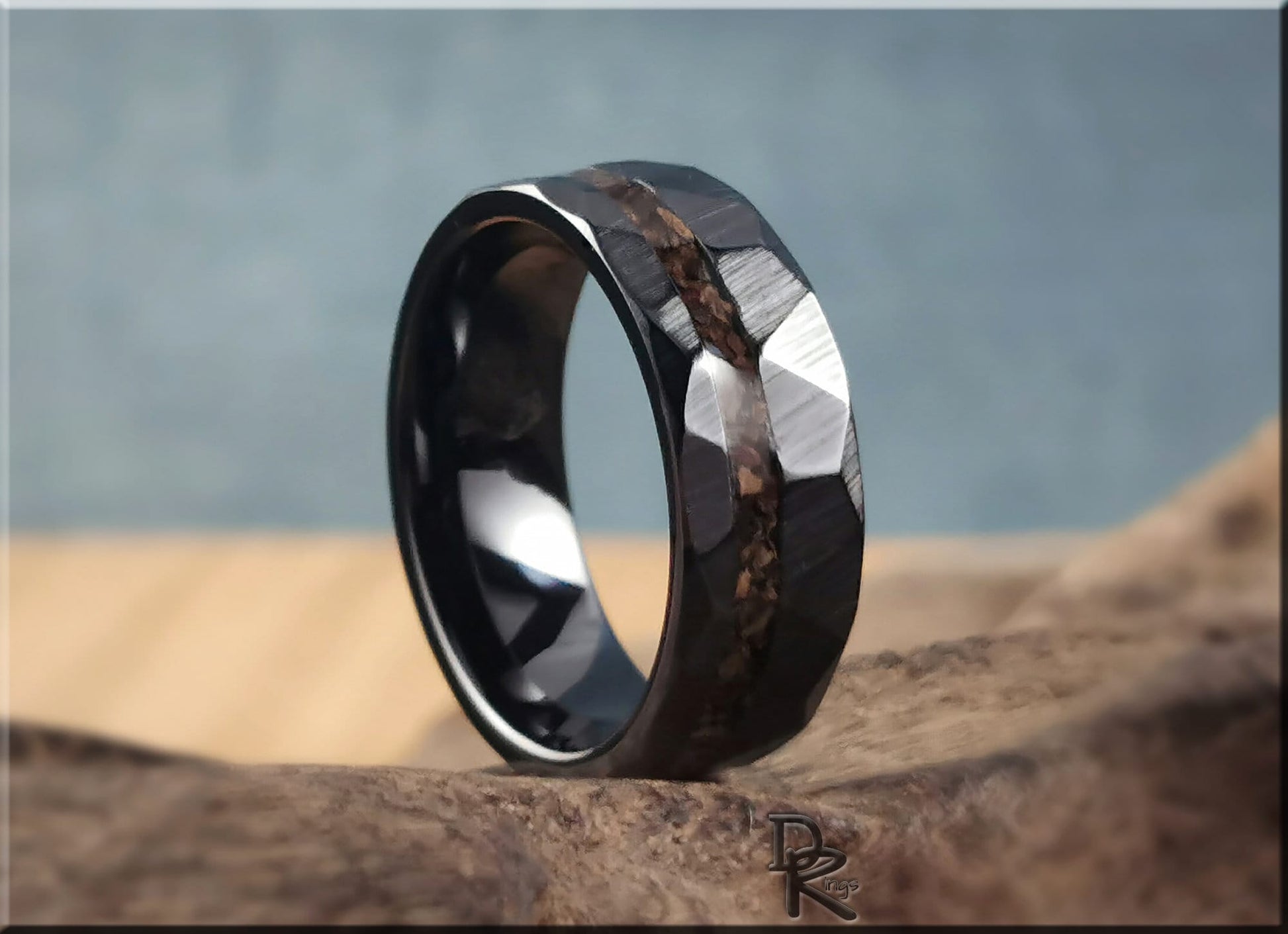 Hammered Black Ceramic Ring w/offset Dino Bone inlay - 8mm ceramic ring