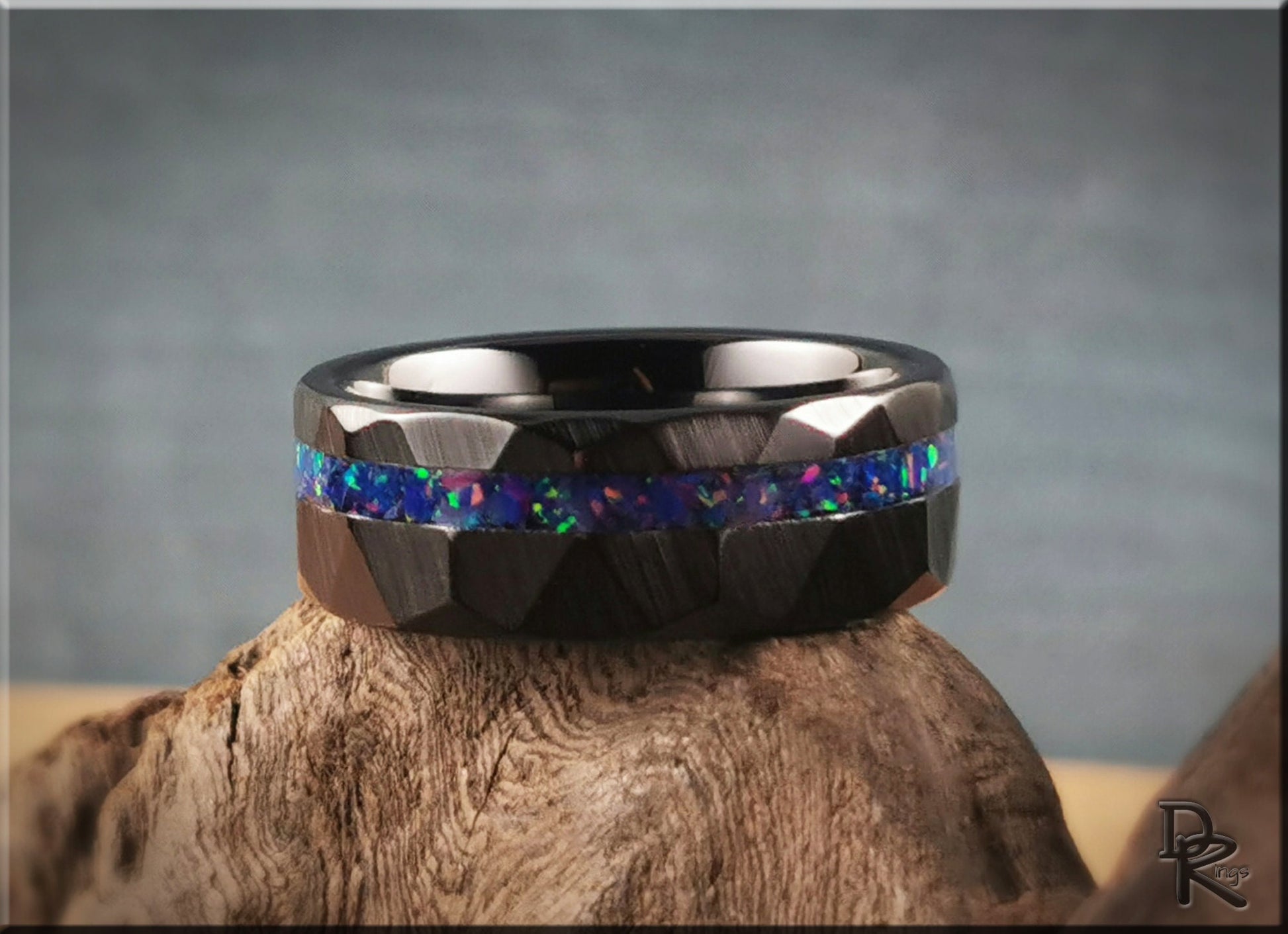 Hammered Black Ceramic Ring w/offset Opal inlay - 8mm ceramic ring