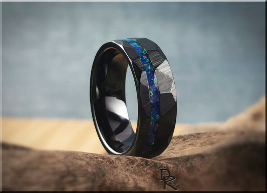 Hammered Black Ceramic Ring w/offset Opal inlay - 8mm ceramic ring