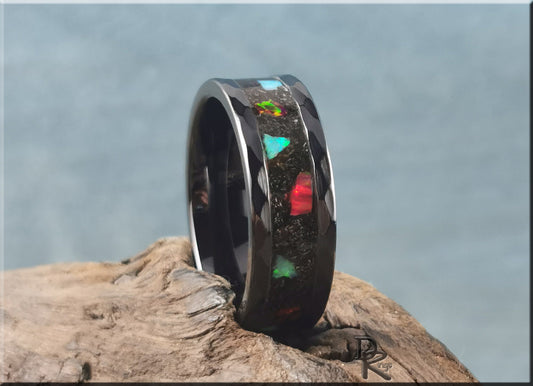 Hammered Black Ceramic 8mm Channel Ring w/Muonionalusta Meteorite and Chunky Opal inlay - ceramic ring