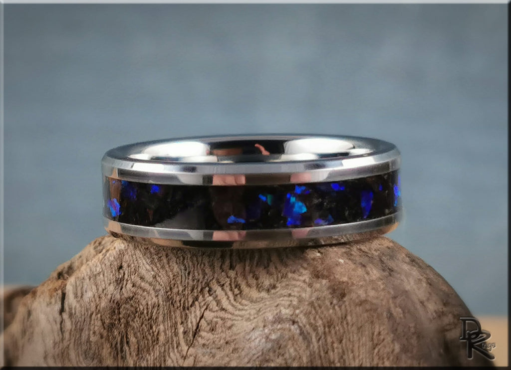 Tungsten Carbide Channel Ring w/Purpurite and Opal inlay - metal ring