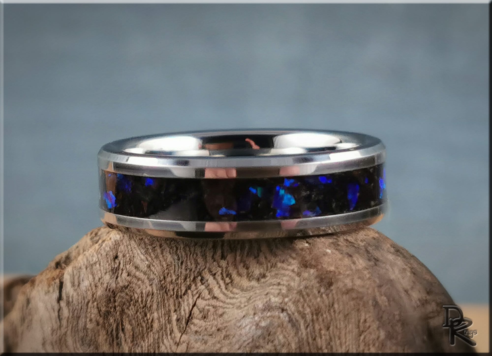 Tungsten Carbide Channel Ring w/Purpurite and Opal inlay - metal ring