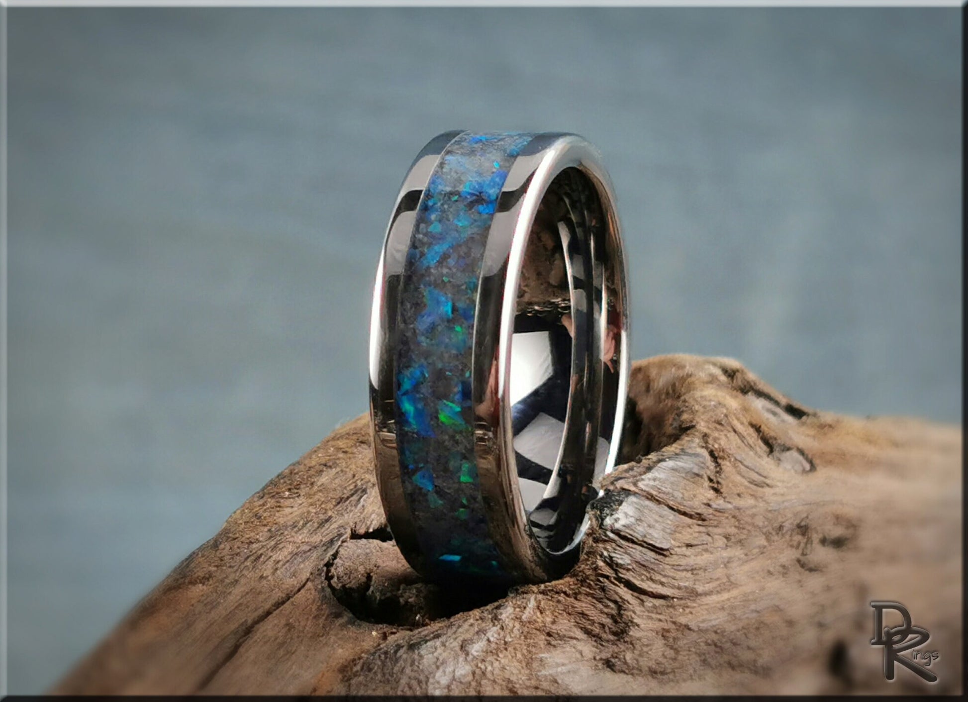 Tungsten Carbide Channel Ring w/Opal and Glow inlay - metal ring