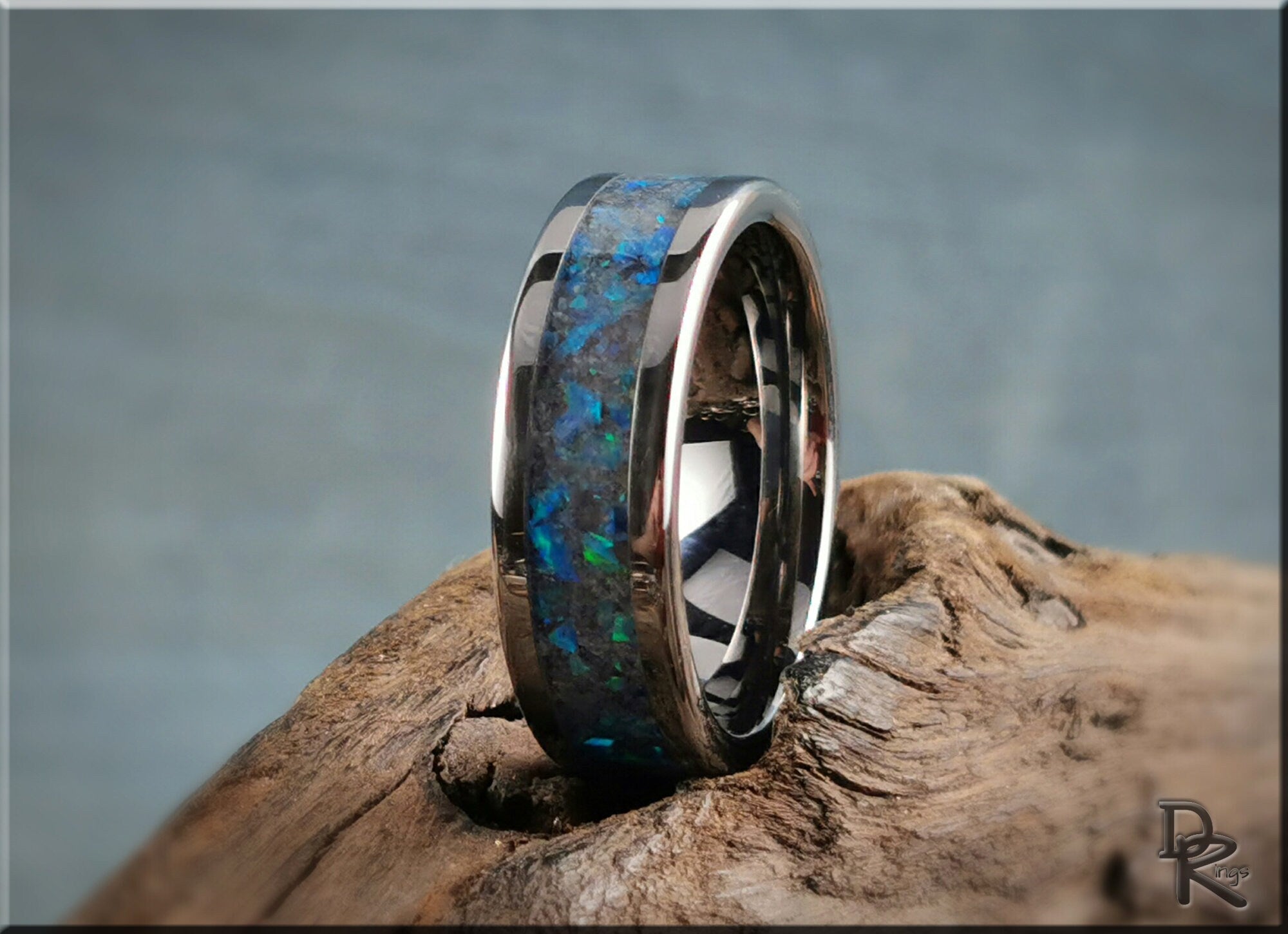 Tungsten Carbide Channel Ring w/Opal and Glow inlay - metal ring