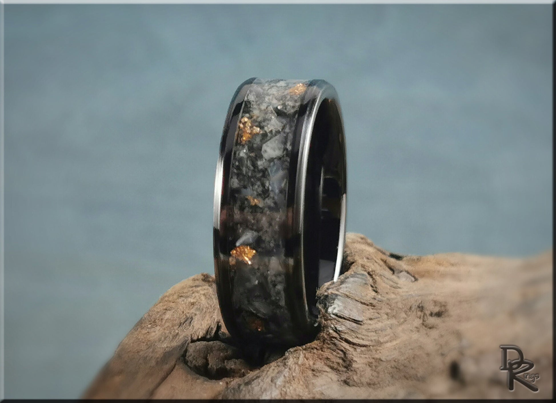 Polished Black Ceramic Channel Ring w/Moonstone and Antique Gold foil inlay - ceramic ring