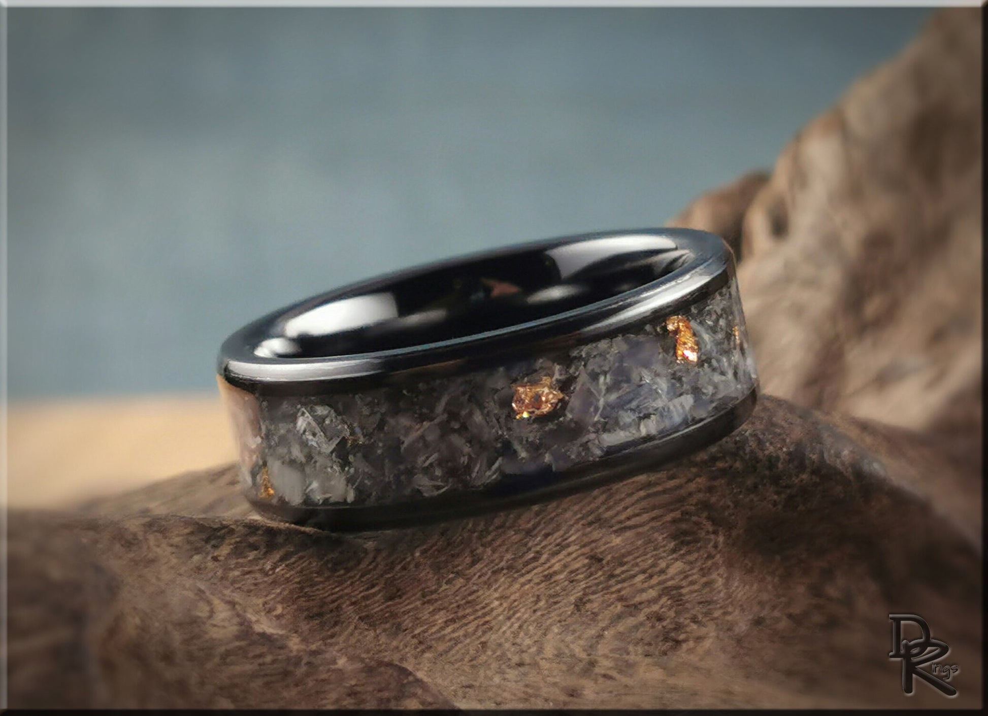 Polished Black Ceramic Channel Ring w/Moonstone and Antique Gold foil inlay - ceramic ring