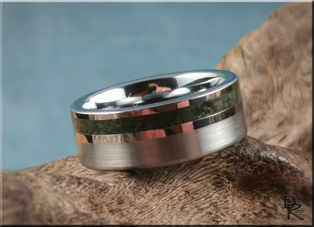 Tungsten Carbide Channel Ring w/offset Moss Agate stone inlay - metal ring
