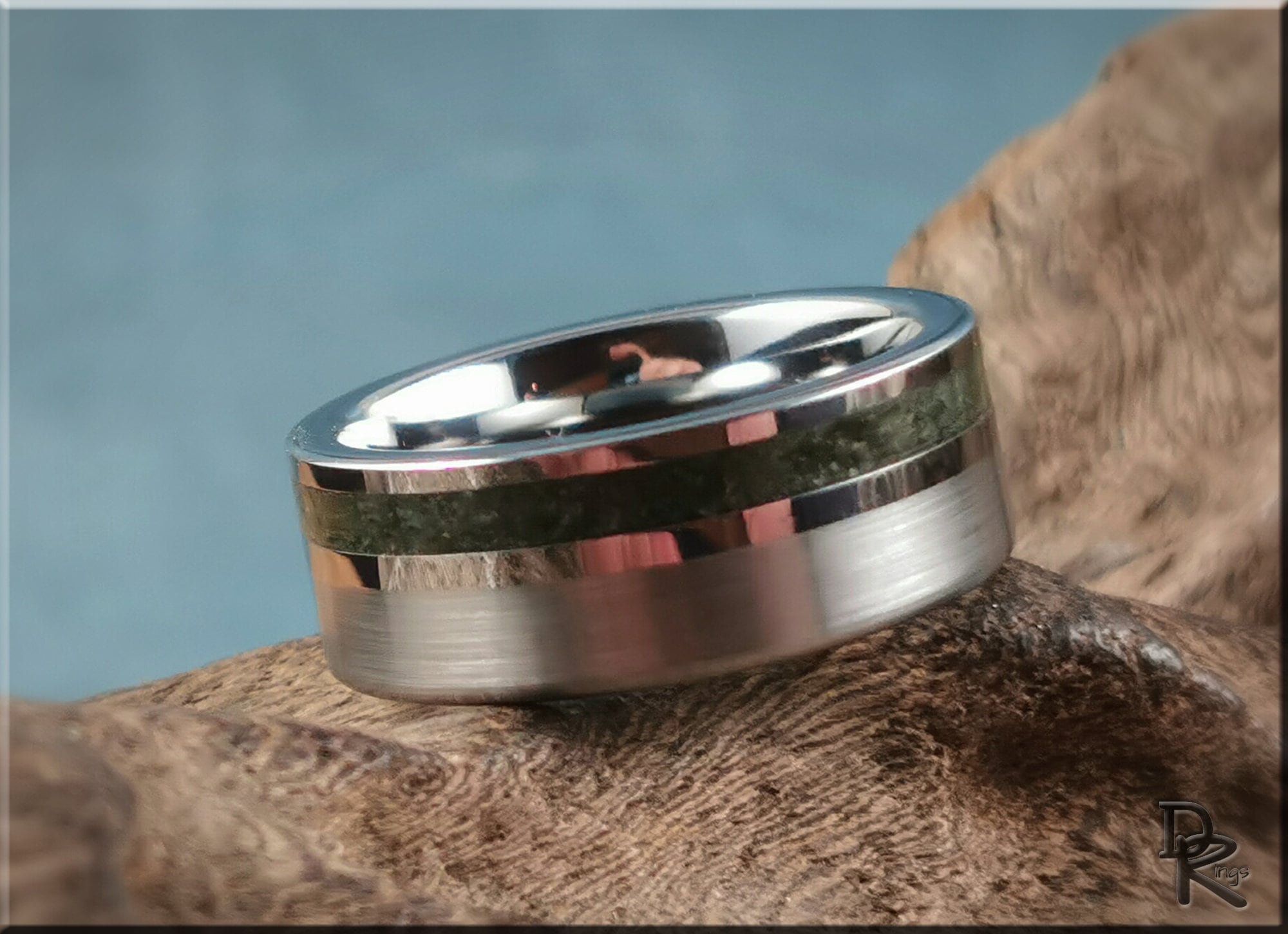 Tungsten Carbide Channel Ring w/offset Moss Agate stone inlay - metal ring