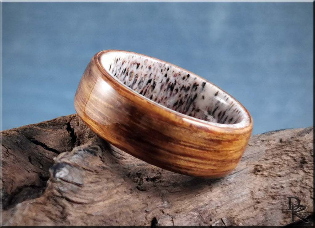 Oak wood ring on antler resting on textured wood surface with blue background by DR Rings