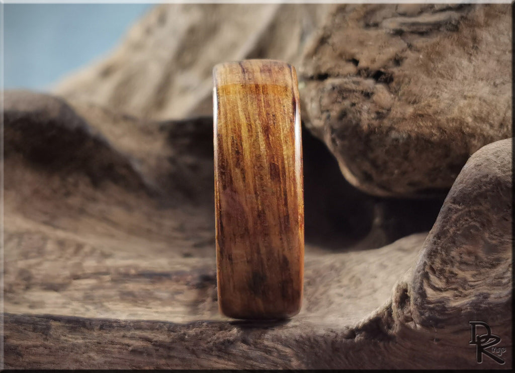 Oak wood ring on antler displaying natural grain and smooth finish by DR Rings