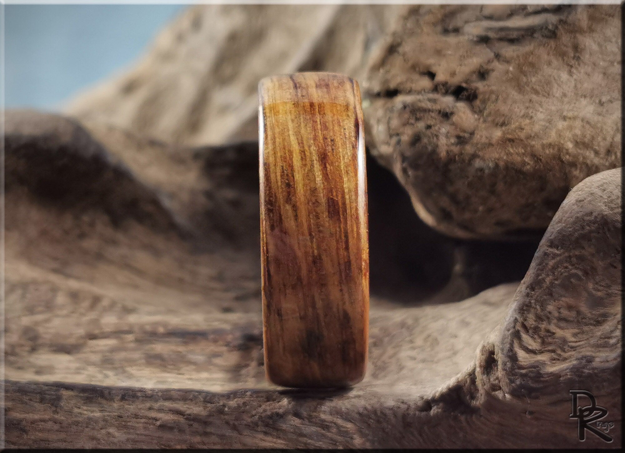 Oak wood ring on antler displaying natural grain and smooth finish by DR Rings