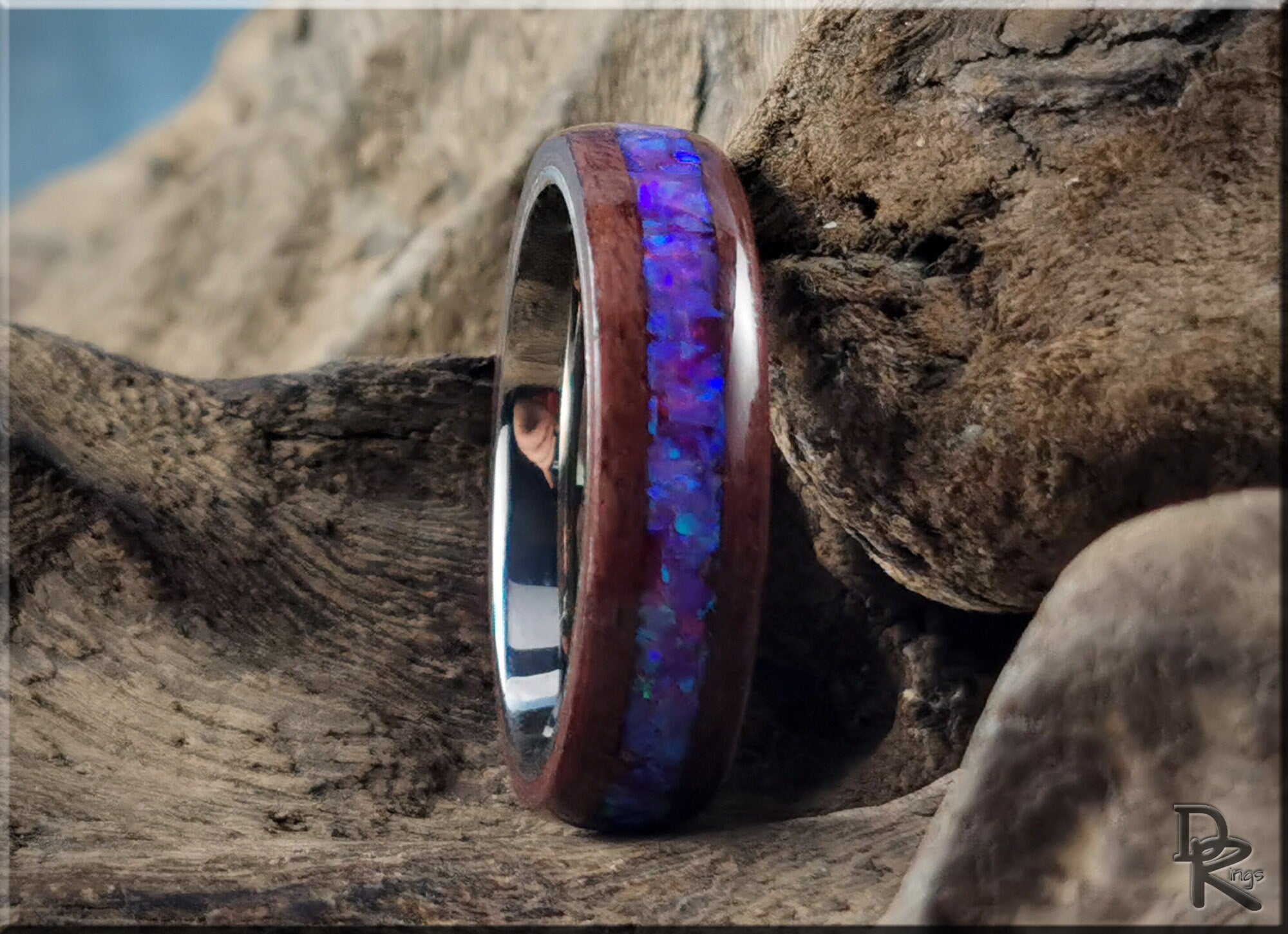 DR Rings purpleheart wood ring with opal inlay featuring a vibrant blue and purple opal stripe