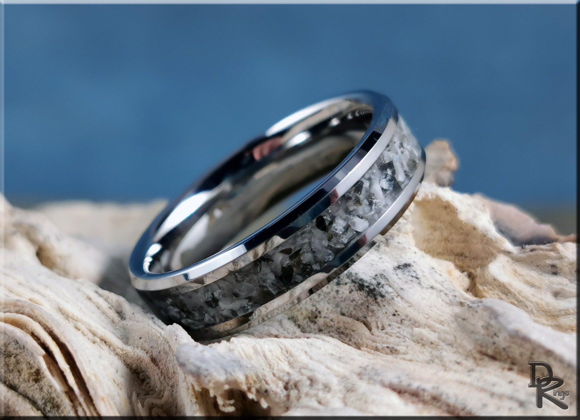 Tungsten ring with moonstone featuring a polished silver band and unique stone inlay by DR Rings
