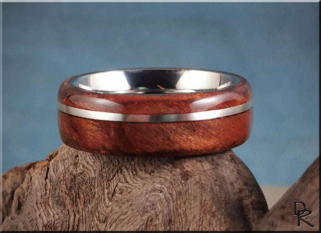 DR Rings redwood ring with inlay featuring a polished silver metal interior and band detail