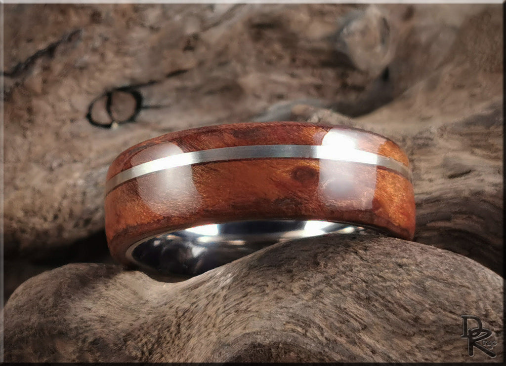 DR Rings redwood ring with inlay featuring a polished wooden band and silver metal stripe detail