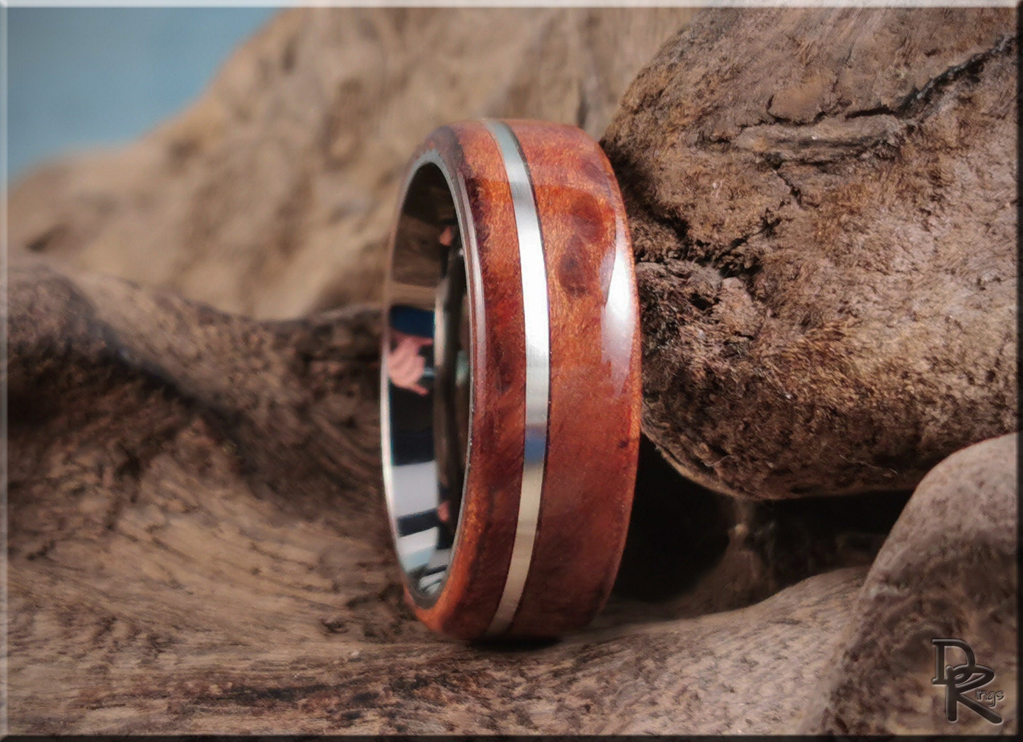 DR Rings redwood ring with inlay featuring a polished wooden band and metal stripe detail