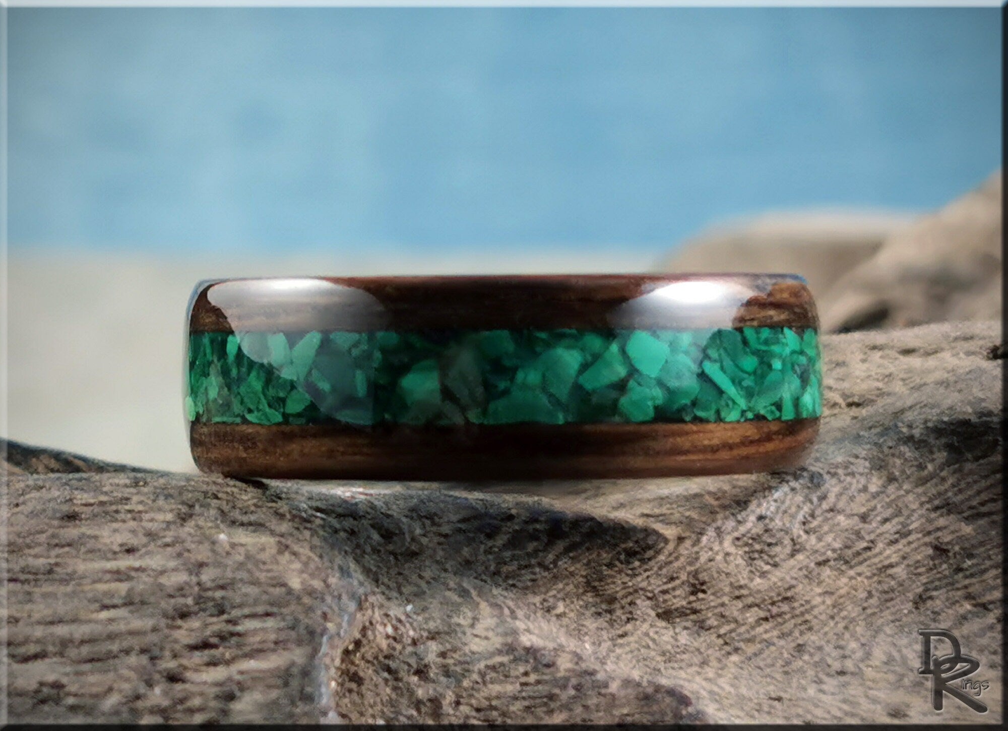 DR Rings band featuring ancient bog oak with malachite inlay for a unique natural look